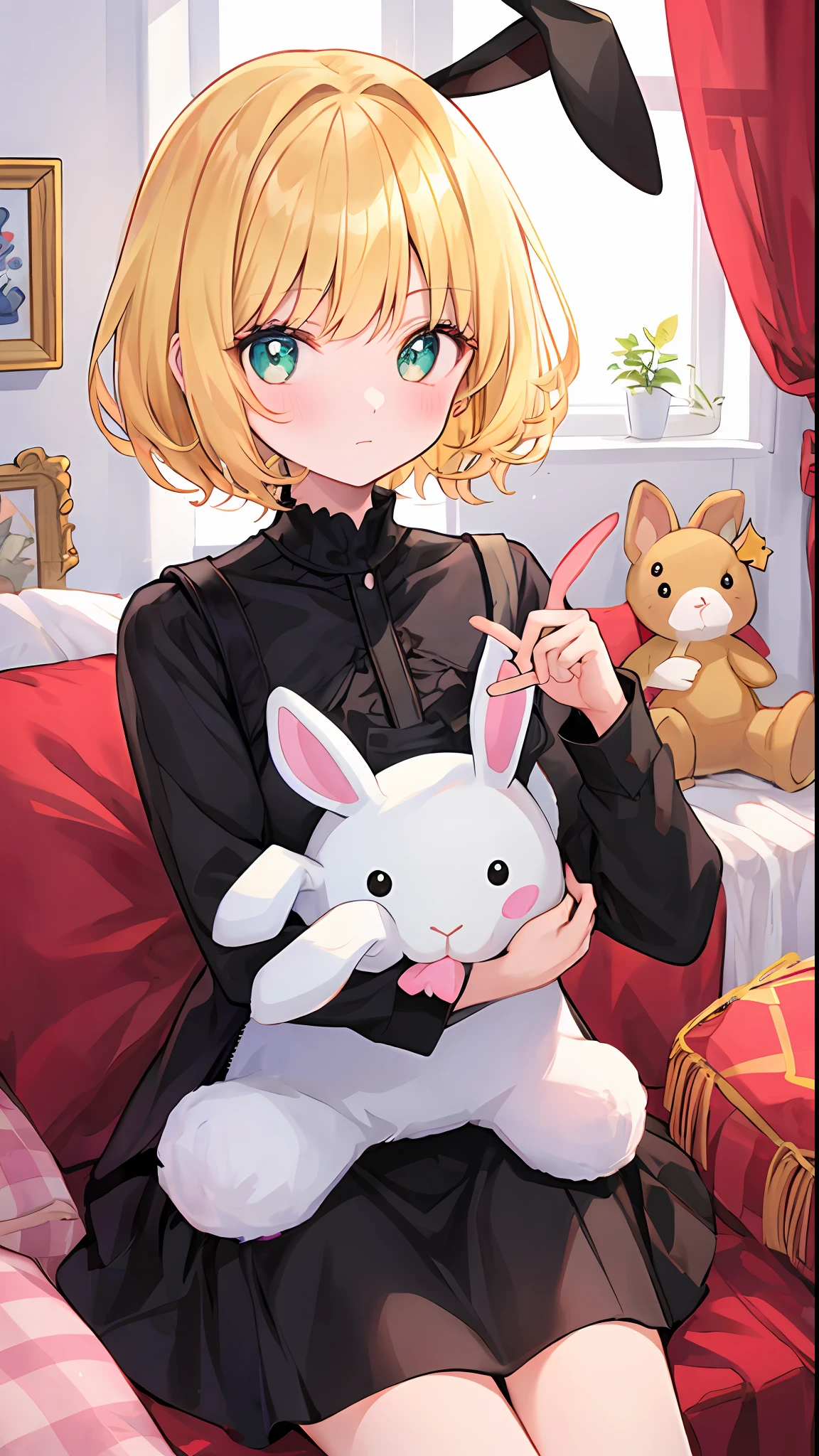beautiful illustration, melhor qualidade, menina bonito, quarto, cor pastel, orelhas de coelho fofas, pequeno, cabelo longo preto, rabbit stuffed toy, bright illumination, olhos rosa claro