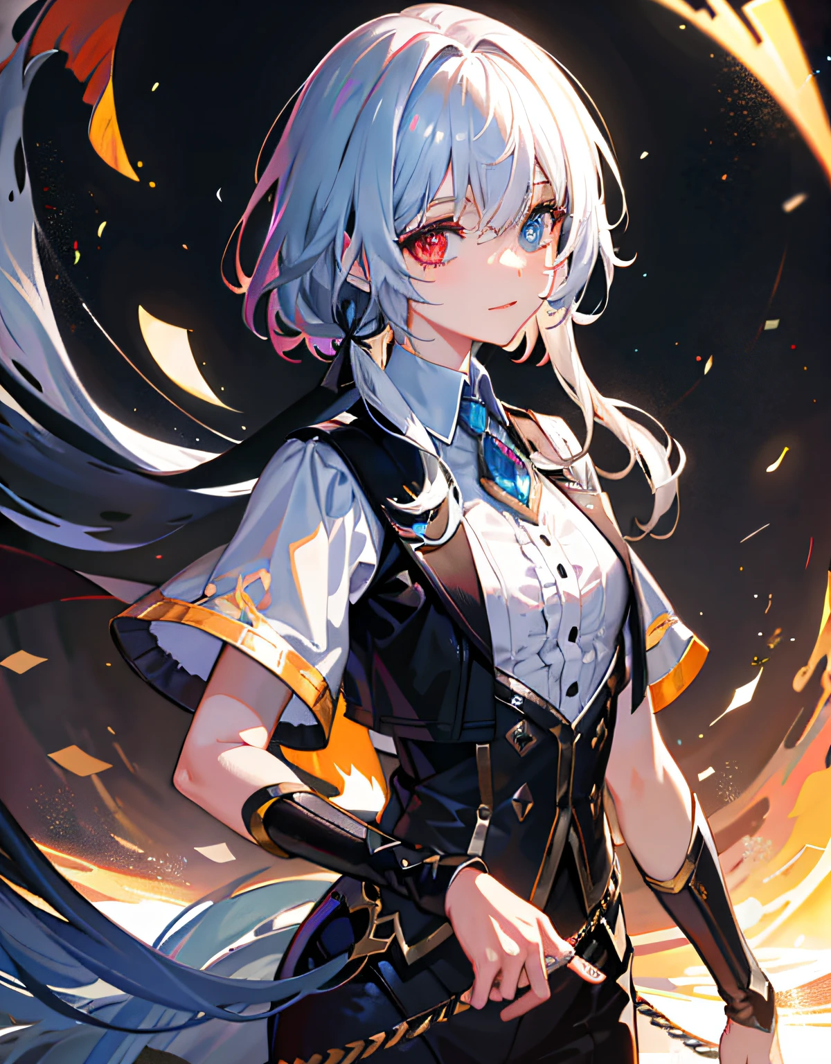 {{Masterpiece}},Best quality at best,Very detailed CG unity 8K wallpaper,电影灯光,lens flare glow,beatiful detailed eyes,black in color,side looking,multicolour hair,Colorful light,particulate,Heterochromia,(a color:1.5),(The color hair:1.5)