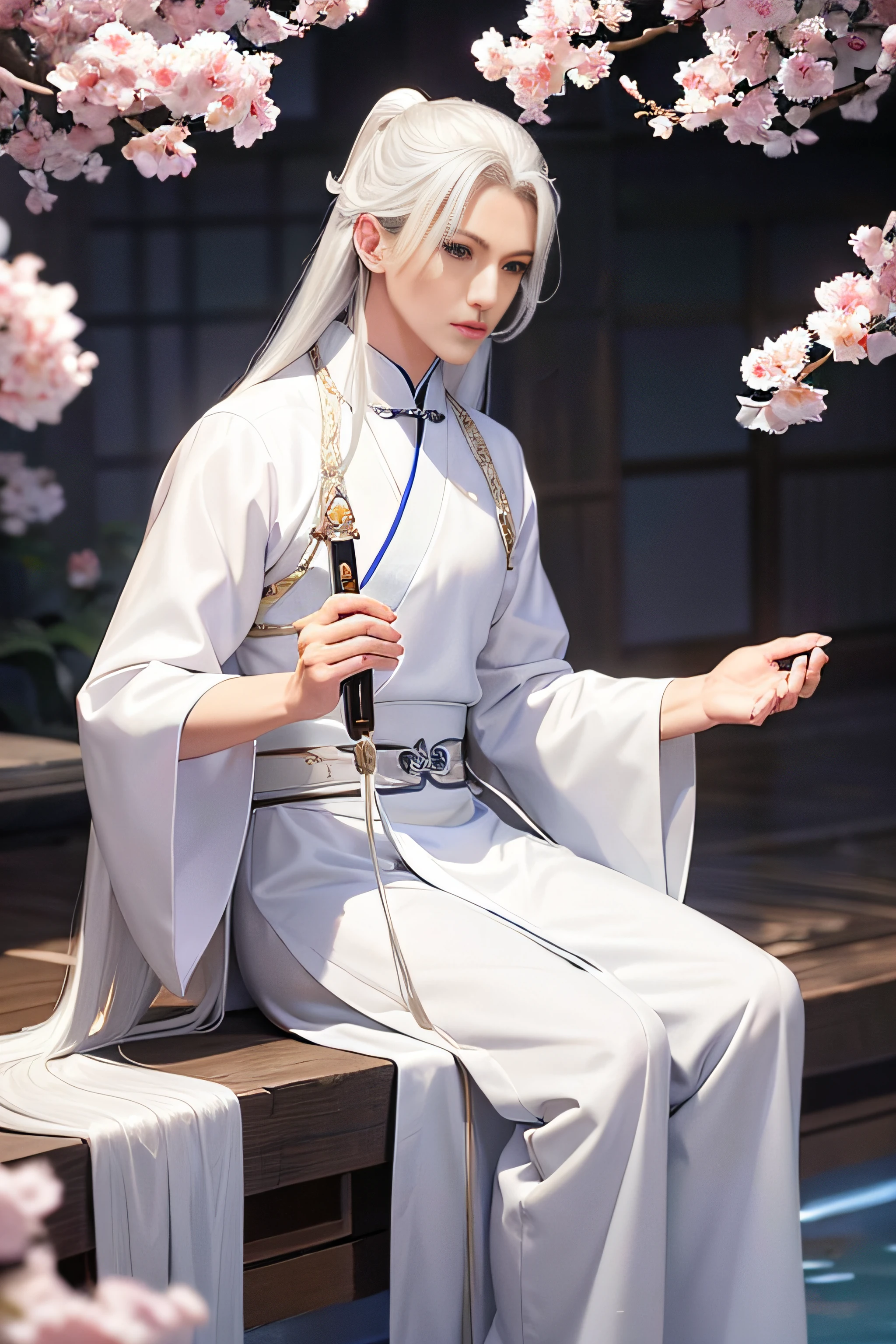 A handsome man bathing in the moonlight, he has strong chest muscles, women will fall in love with him when they see him, high-definition pictures, amazing quality, 8k high-definition, beautiful eyes, high nose bridge, pointed chin, Wearing Hanfu, Hanfu is made of white gauze, exuding a beautiful light,The man has long hair, his hairline is low and his hair is silver white,He has long hair like martial arts novels,Outdoor scene with sakura trees around and petals falling down,The man has silver-white bangs and long silver-white hair that grows to his waist,He is dressed in silk, a white slightly sheer Chinese robe,His normal body is in the hot spring, night,There are many fireflies flying around, the environment is beautiful and beautiful,his hair is very long,Chinese style, Chinese ancient style, Hanfu,The man has very long hair, silver and white hair, wearing a beautiful Chinese hairpin,Changing his original hairstyle and extending the bangs of this man, let him have the long hair of ancient Chinese people, he has silver-white long hair,He holds a silver Chinese sword in his hand, the Chinese sword is very gorgeous, the sword is shining, he has silver-white eyebrows, he has long eyelashes, he has beautiful eyes, he has slender fingers,He is so handsome that women fall in love with him instantly,Lowering his hairline, sideburns elongated into silver hair,Showing off his toned pecs, perfect body,His body exudes a beautiful light,Loose long hair, long silver-white hair, long hair scattered on the shoulders, long hair scattered to the waist,He's in the hot spring, he's getting wet, he's sitting in the hot spring,turned his black eyebrows to silvery white,night scene,extend all his hair,His hair has a Chinese-style hairpin made of milky white jade,His silver-white hair is very long, and his hair is very flowing, and his hair is flying in the air,The material of the clothes is sheer tulle,His clothes are made of silk, very thin robes,Ancient Chinese Hanfu, beautiful Han