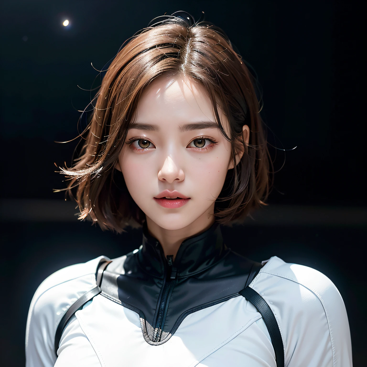 ((Night, Realistic Light, Best Quality, 8K, Masterpiece: 1.3)), (A stunning young woman in a sleek and form-fitting spacesuit, floating amidst a cluster of stars in outer space), (Celestial light from distant stars, creating a mesmerizing and otherworldly ambiance), Professional mirrorless camera.,High-resolution full-frame DSLR., (Ethereal, interstellar, cosmic beauty, astral allure, celestial grace, captivating, mesmerizing.), kpop, idol, beautiful girl, Korea girl, perfect body, perfect hand ,smile,open mouth, (short hair , brown hair), shiny skin, big breast, night , neon light,firmament,space_helmet,