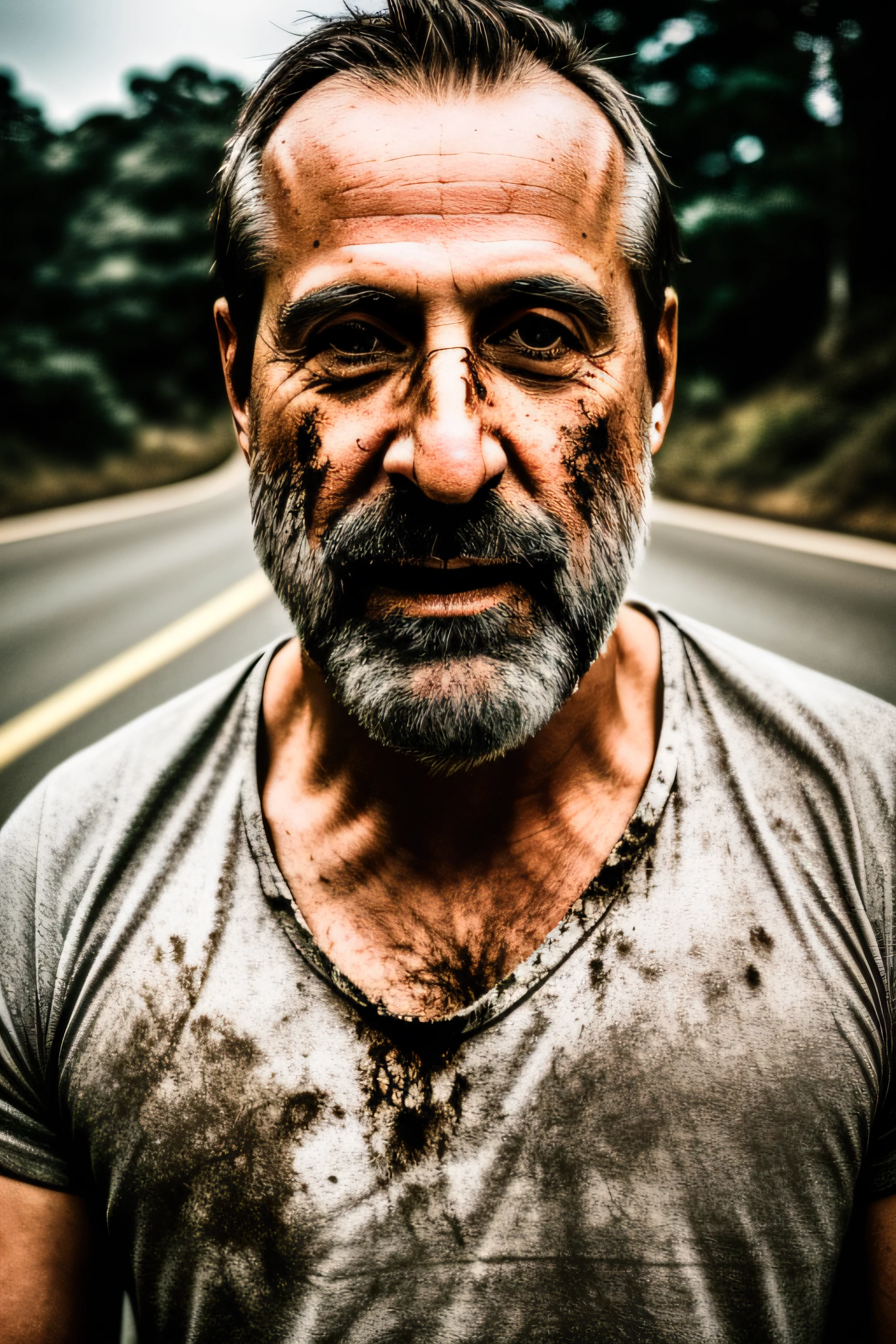 (Award Winning Photo:1.3) of (Masterpiece:1.3),(Disgusting:1.3) RAW photo, facial camera, apocalyptic scene, a man sits on a stone by the road, looks into the distance, dressed in black jeans and a dirty T-shirt, (high detailed skin:1.2), 8k uhd, dslr, soft lighting, high quality, film grain, Fujifilm XT3 Highly Detailed,(Agfacolor:1.3),(close portrait:1.3),thematic background