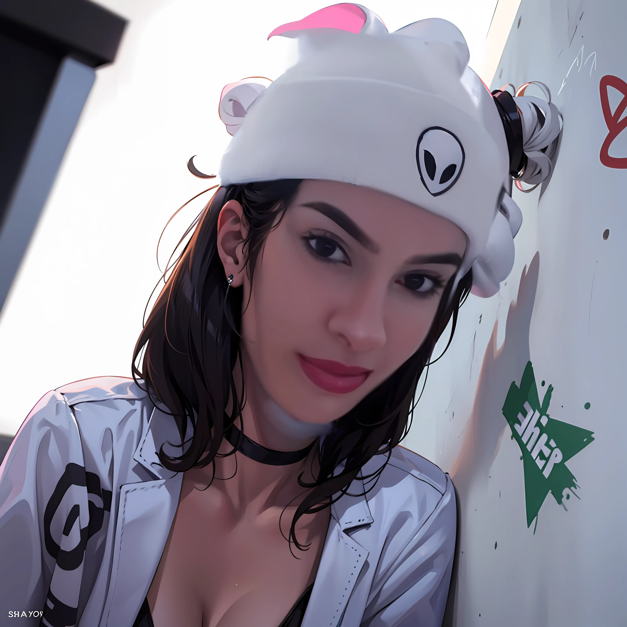 masterpiece, best qualified, 3d rending work, 3d, big eyes, cartoon face, 1girl, Alone, blush, surprised, graffiti from the wall on the street, spray can, stylized delinquent clothing, pink choker, huge breasts, sexy look, delicious wide hips, cameltoe, thick thighs, jewelry, parted lips, gothic, makeup, full body view, ((looking at the viewer)), ((dynamic pose)), fine detail,  San Francisco street, day, ArtbyNoise, ((perfect shadow)), Best shade, best lighting
