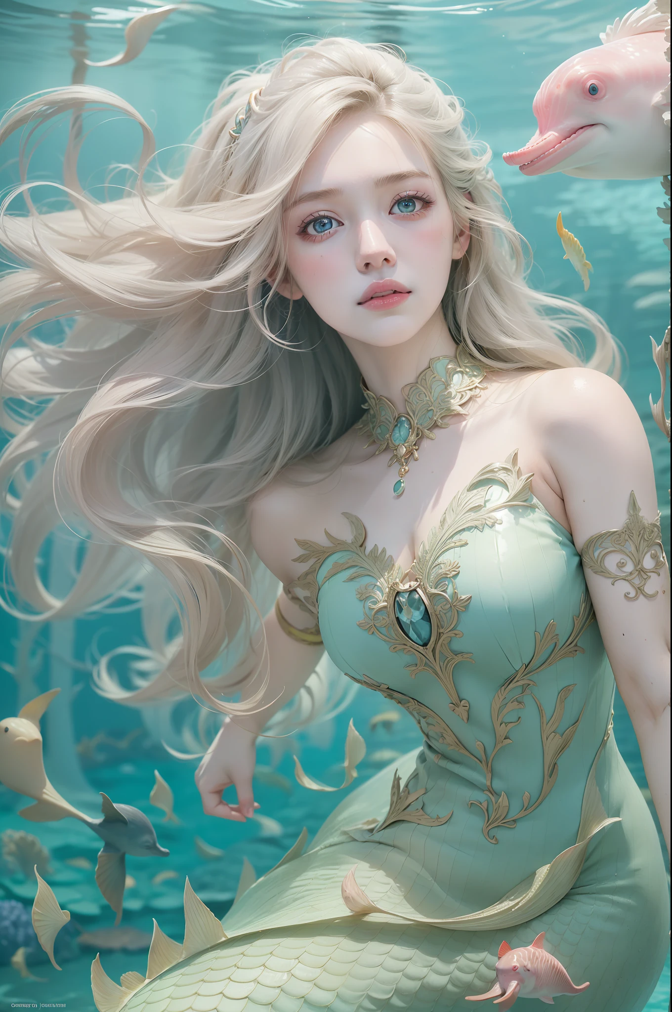 (masterpiece, ultra quality, high-res, 10, intricate: 1.2), (detailed face:1.2),so pretty, Detailed skin, pores, Absurd , whimsical, [Show your shoulders.],1 girl,Mermaid dress, ((Realistic)), good lighting quality, korean girl, ((pale skin)), balanced eyes,Princess of the underwater world,Swimming under the sea,Pink dolphin