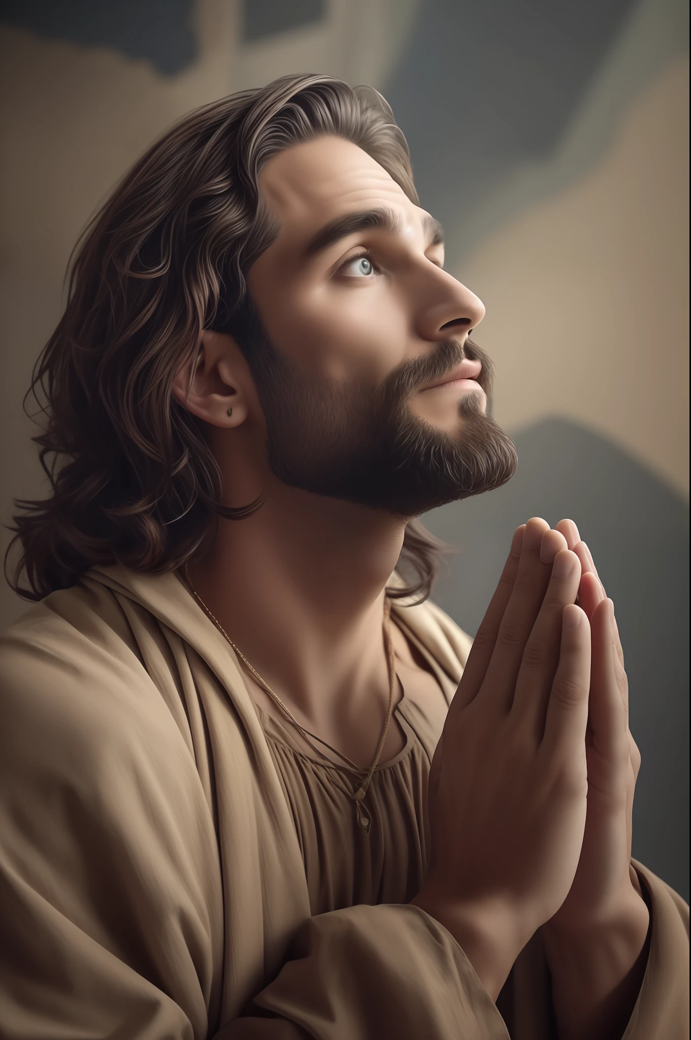 Seth Rollins como Jesus Cristo, wearing tunic, focar nos detalhes do rosto, cabelo escuro preto, semelhante ao seth rollins, wearing the long beige tunic of Jesus, Biblical style of Jesus, imagem realista, fundo da imagem preto escuro , melhor qualidade, 8k, focar nos detalhes.