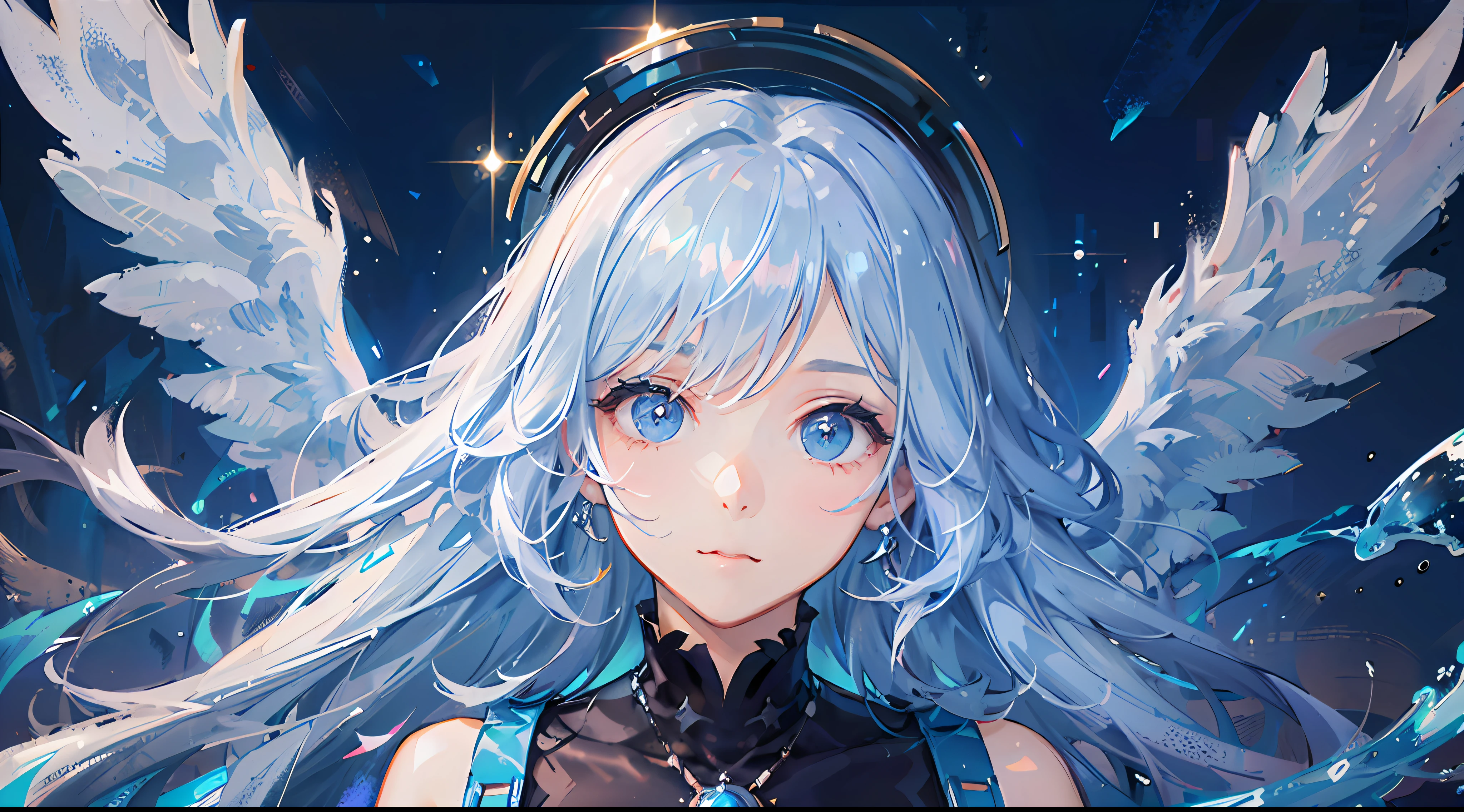(hyper HD)、Retina Screen、acurate、anatomy correct、textureskin、hyper-high detail、high detal、high qulity、best qualtiy、A high resolution、Highest image quality、A masterpiece、(extremely detailed nipple)、(Best quality)、(tmasterpiece)、lightand shade contrast、Cinematic lighting、color difference、Twinkle、Ray traching、dynamic linework,eye detailed, lens flare glow, filmposter, tarot frame, The portrait is in the middle, ciri, Negative space, 独奏, Floating color net, many color, Floating drops, Water magic, Mottled sunlight, optic, Caustics, rainbowing, Beautiful detail halo, leaning backward, eyeslashes, long whitr hair, tilt of the head, dynamicposes, Asymmetrical hair, slanted bangs, High double ponytail,Flowing hair,abstract backgrounds,The upper part of the body,Pondering,feater, Exposed shoulders,whitegloves, animemanga girl, Anime moe art style, Childish face, splashing water drops, The eyes are highlighted and brightened, glittery, concept-art,facing to audience,Pout,Sky blue dress,Wings formed by water,Angel head ring,light blue hair, blue watery eyes, blue colors,Blue pupil,The starry sky is brilliant