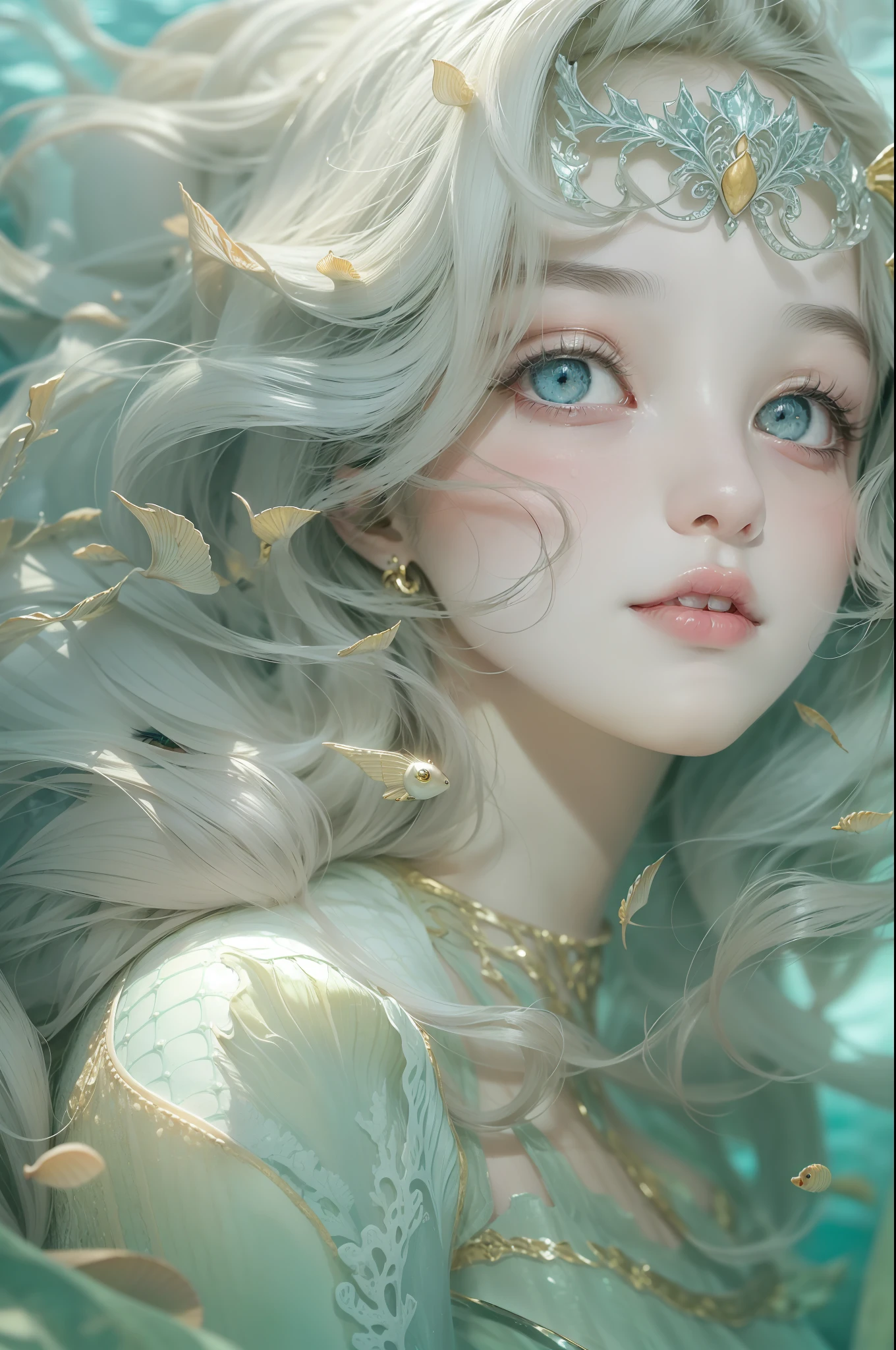(masterpiece, ultra quality, high-res, 10, intricate: 1.2), (detailed face:1.2),so pretty, Detailed skin, pores, Absurd , whimsical, [Show your shoulders.],1 girl,Mermaid dress, ((Realistic)), good lighting quality, korean girl, ((pale skin)), balanced eyes,Princess of the underwater world,Swimming under the sea,Sea World