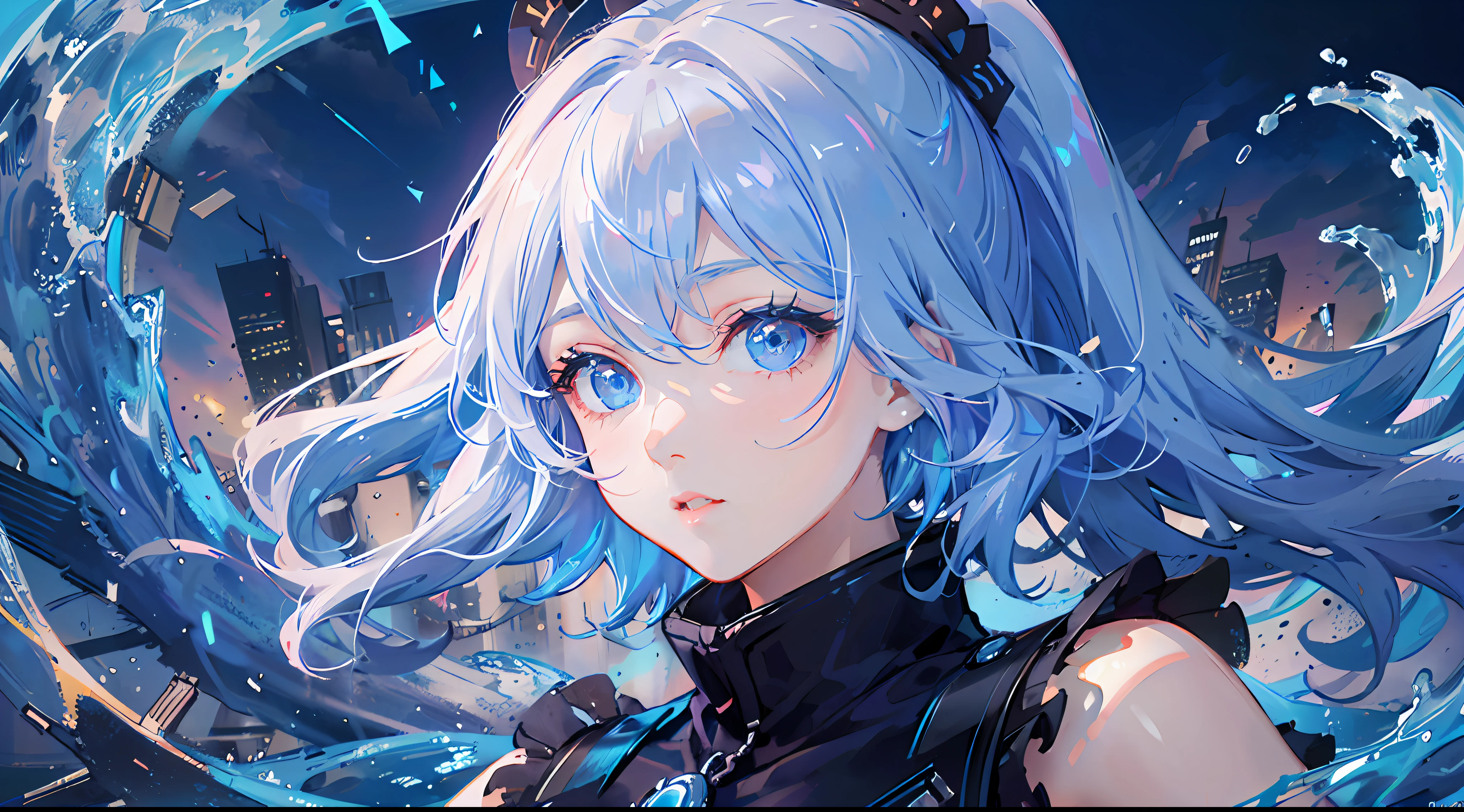 (hyper HD)、Retina Screen、acurate、anatomy correct、textureskin、hyper-high detail、high detal、high qulity、best qualtiy、A high resolution、Highest image quality、A masterpiece、(extremely detailed nipple)、(Best quality)、(tmasterpiece)、lightand shade contrast、Cinematic lighting、color difference、Twinkle、Ray traching、dynamic linework,eye detailed, lens flare glow, filmposter, tarot frame, The portrait is in the middle, ciri, Negative space, 独奏, Floating color net, many color, Floating drops, Water magic, Mottled sunlight, optic, Caustics, rainbowing, Beautiful detail halo, leaning backward, eyeslashes, long whitr hair, tilt of the head, dynamicposes, Asymmetrical hair, slanted bangs, High double ponytail,Flowing hair,abstract backgrounds,The upper part of the body,Pondering,feater, Exposed shoulders,whitegloves, animemanga girl, Anime moe art style, Childish face, splashing water drops, The eyes are highlighted and brightened, glittery, concept-art,facing to audience,Pout,Sky blue dress,Wings formed by water,Angel head ring,light blue hair, blue watery eyes, blue colors,Blue pupil,The starry sky is brilliant