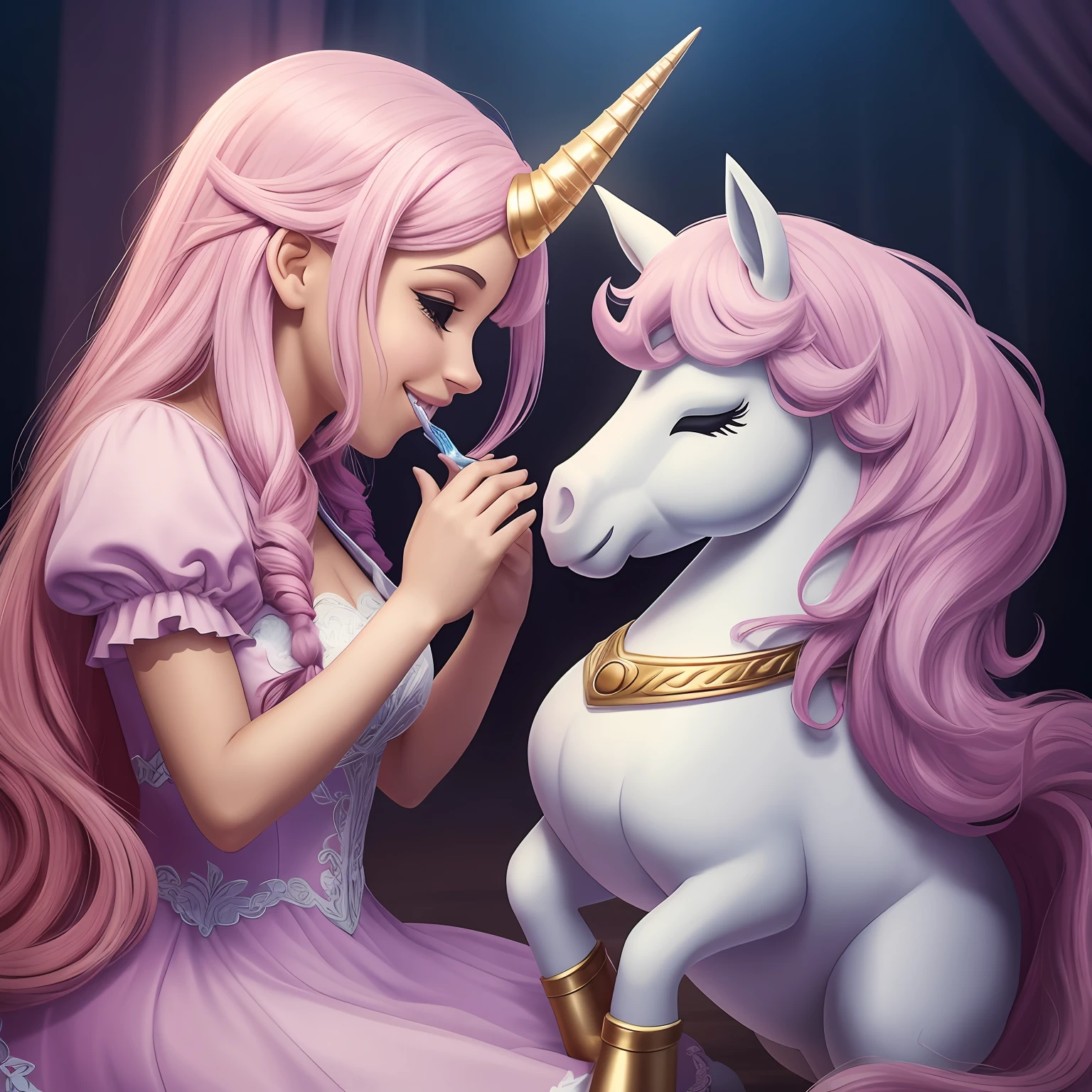 Chapter 2: A Amizade Inesperada
Ao se aproximarem um do outro, Sofia and the unicorn felt a special connection. The unicorn extended his muzzle affectionately to the princess, que sorriu em resposta. They realized they could communicate magically, mesmo sem palavras. A partir desse momento, uma amizade profunda se formou entre eles. --auto