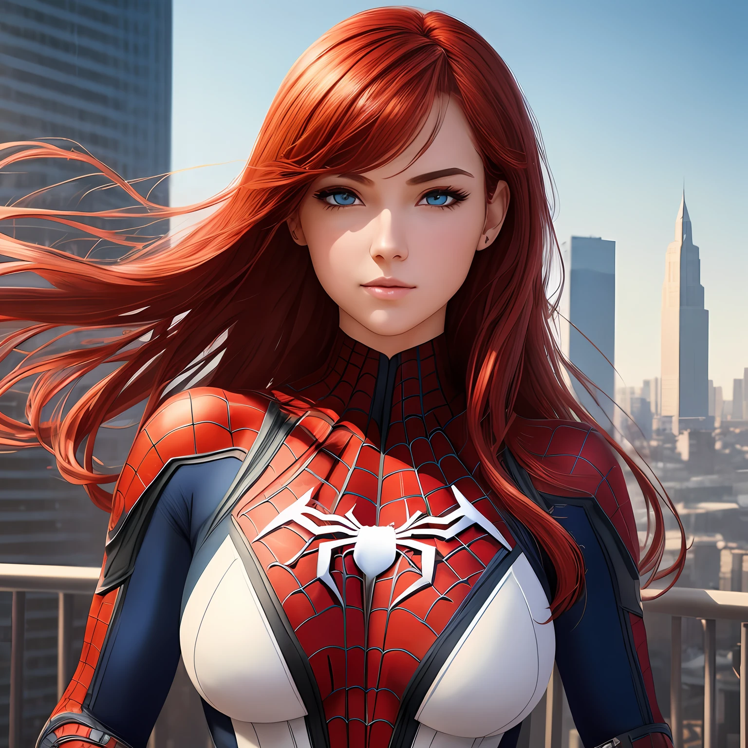 (1girl:1.3), Solo, (((Very detailed face)))), ((Very detailed eyes and face)))), Beautiful detail eyes, Body parts__, Official art, Unified 8k wallpaper, Super detailed, beautiful and beautiful, beautiful, masterpiece, best quality, original, masterpiece, super fine photo, best quality, super high resolution, realistic realism, sunlight, full body portrait, amazing beauty, dynamic pose, delicate face, vibrant eyes, She wears Spider-Man suit, red and black color scheme, spider, very detailed city roof background, rooftop, overlooking the city, detailed face, detailed complex busy background, messy, gorgeous, milky white, highly detailed skin, realistic skin details, visible pores, clear focus, volumetric fog, 8k uhd, DSLR, high quality, film, sexy girl, young girl, full breasts, red hair, no panties, perfect body, perfect hands,big ass, (( backwards )))) --auto