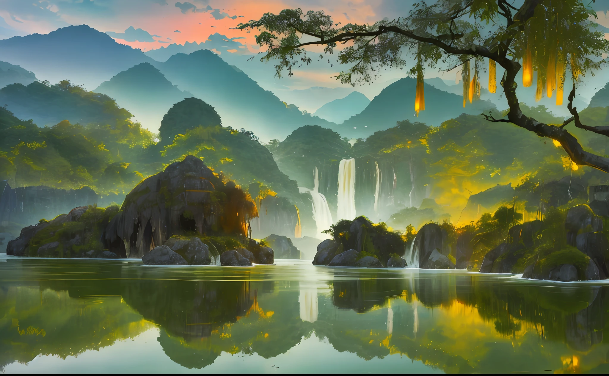Primeval forest,vietnam,1986,evening, Mekong,mountains, waterfalls, reflections ,clouds,birds flying