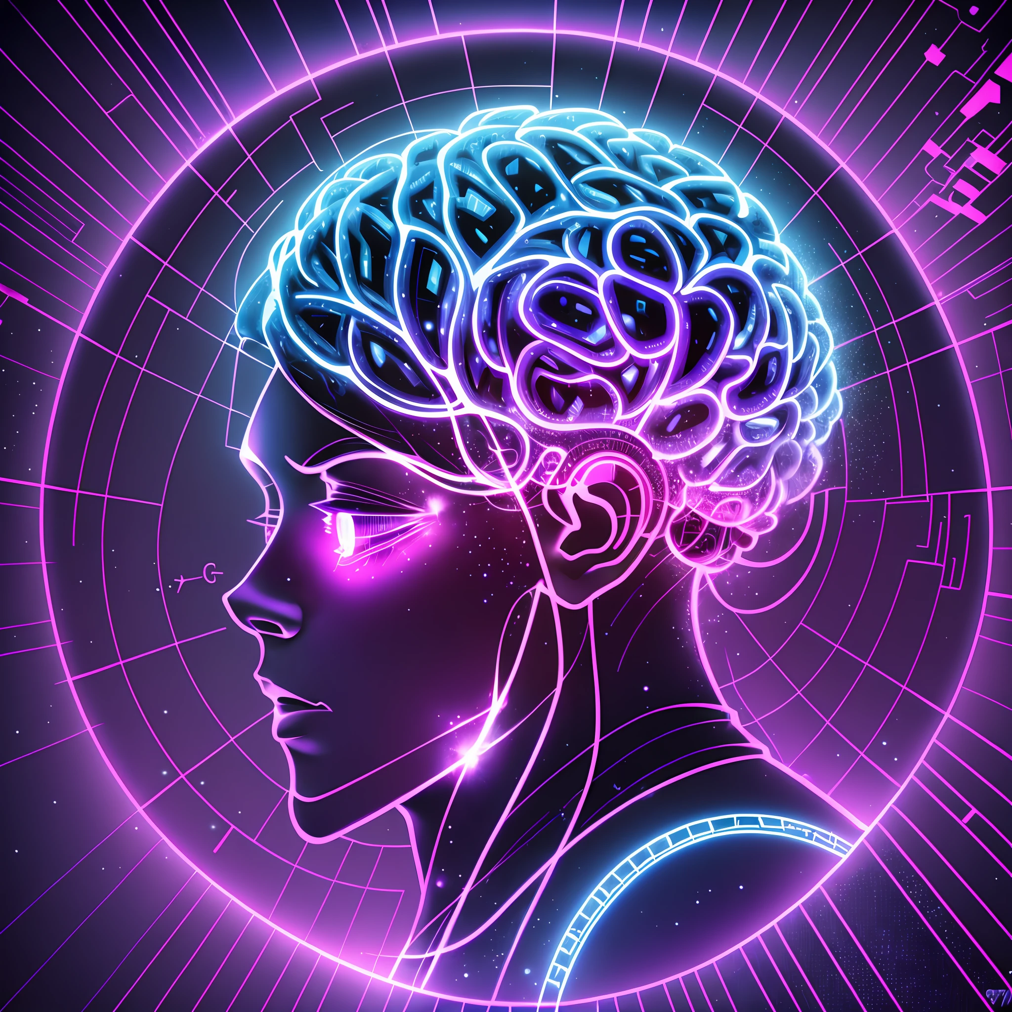 A profile picture is a square picture that can be used vertically. No centro da imagem, there is a silhouette in the shape of a brain. Esta silhueta cerebral tem um visual moderno e estilizado. The inside of the brain is filled with metallic and shimmering circuits. The circuits are interconnected to form a complex network. Metal parts and digital codes seem to move-se dentro da silhueta cerebral. Above and below the brain silhouette is a faint beam of light. The beam of light indicates a source of artificial intelligence and makes the image dynamic. In the background, there is a gradient effect in shades of blue and purple. This gradient changes color with a smooth transition from top to bottom. The silhouette of the brain is drawn in a minimalist style and has sharp lines. The colors are vibrant and striking, but at the same time offer a modern feel. --auto --s2