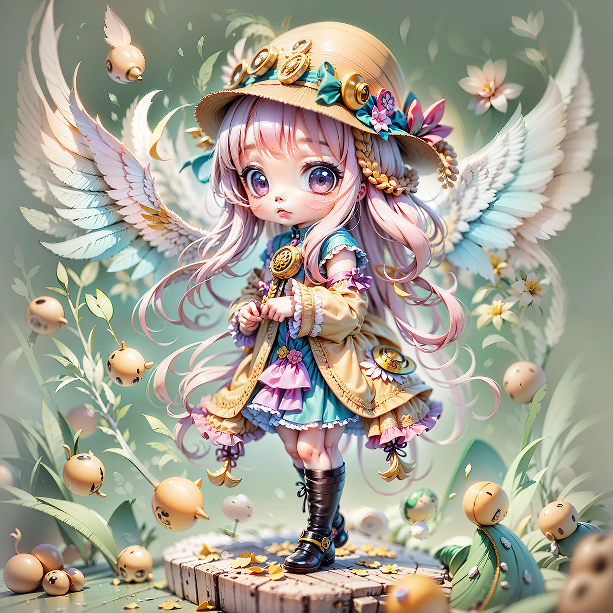 heavy rain poured，A girl in a colorful hat and dress，There are pairs of wings on the back，chibi girl，Loli in dresses，Lori，Kawaii chibi，Inspired by Lyckey，Chibi Art，inspired by Tawaraya Sōtatsu，Inspired by Yundu Snow，inspired by Wang Lü