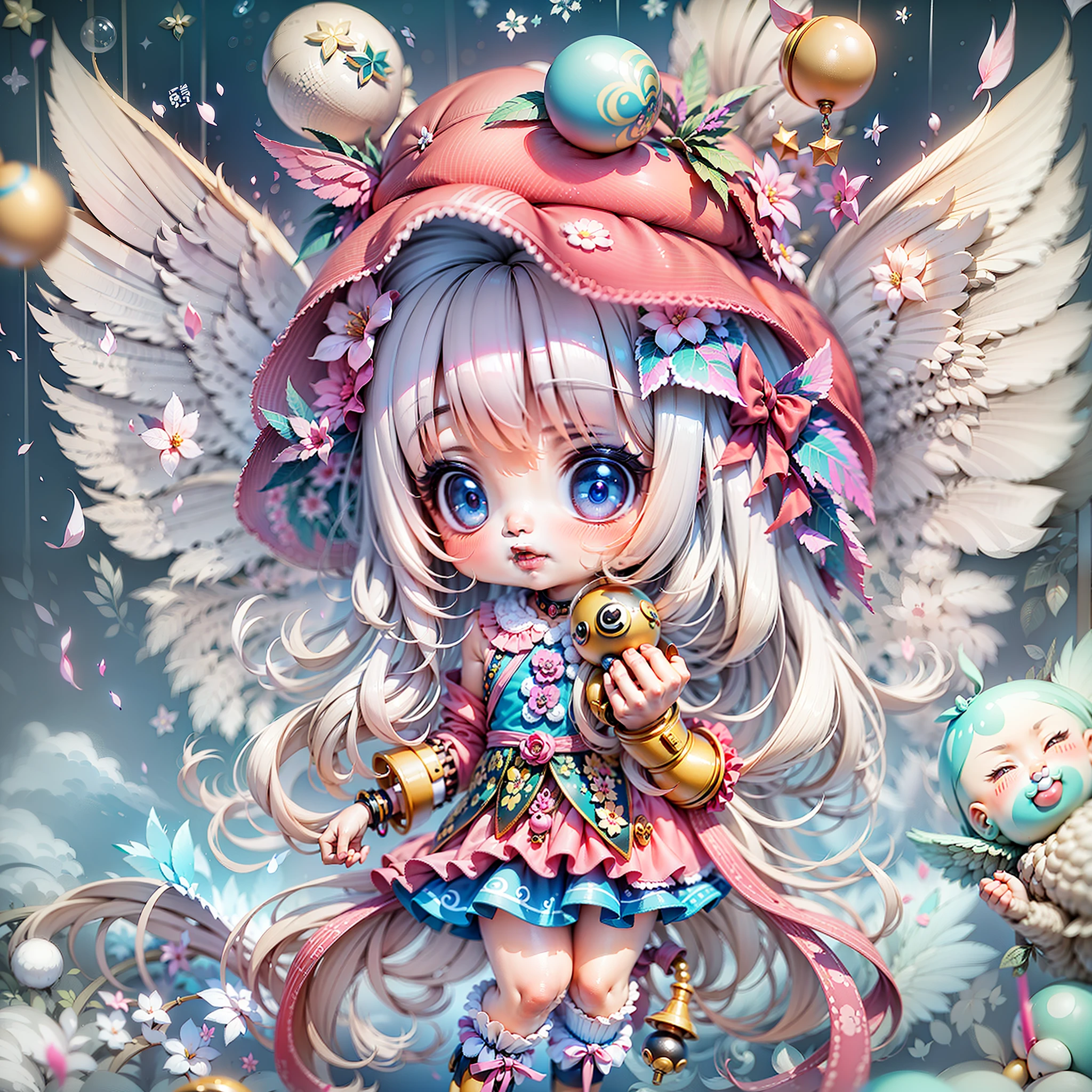 heavy rain poured，A girl in a colorful hat and dress，There are pairs of wings on the back，chibi girl，Loli in dresses，Lori，Kawaii chibi，Inspired by Lyckey，Chibi Art，inspired by Tawaraya Sōtatsu，Inspired by Yundu Snow，inspired by Wang Lü