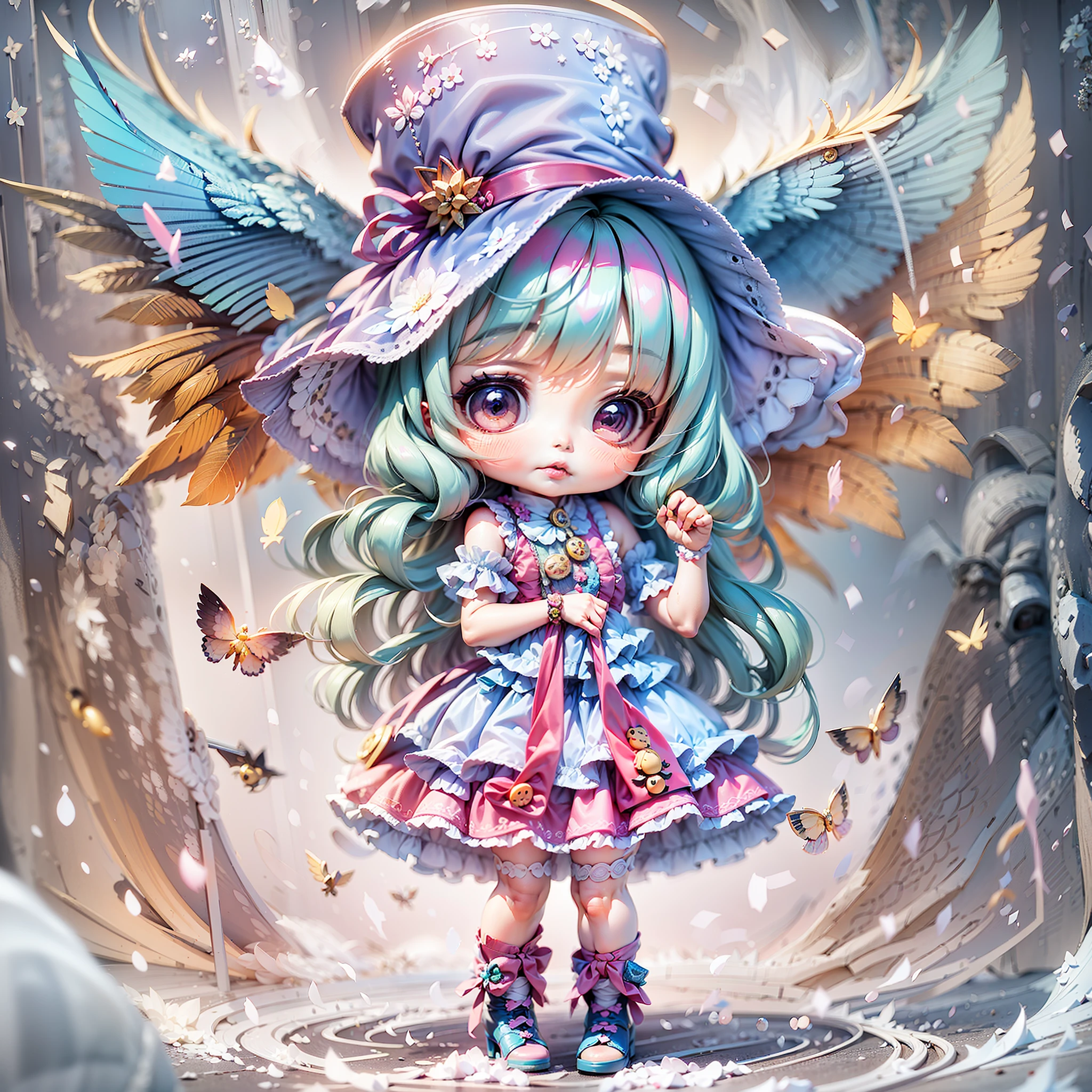 heavy rain poured，A girl in a colorful hat and dress，There are pairs of wings on the back，chibi girl，Loli in dresses，Lori，Kawaii chibi，Inspired by Lyckey，Chibi Art，inspired by Tawaraya Sōtatsu，Inspired by Yundu Snow，inspired by Wang Lü