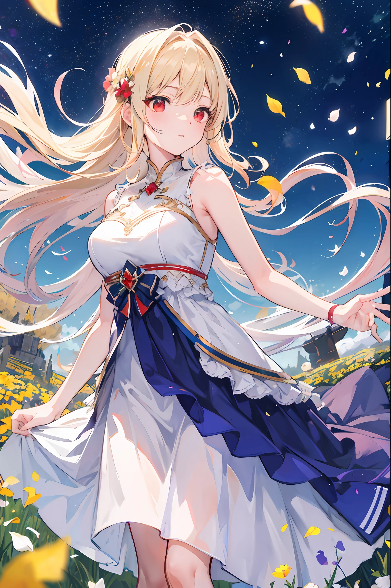 (Masterpiece:1.6, Best quality), (fine detailed beautiful eyes: 1.2), phyami, yaminor, Ranpla, 1girll, Long hair, Blonde hair, Solo, flower field, White dress, planetes, Starry sky, petals, scenery, Floating hair, Night, Sleeveless, sun skirt, Very long hair, Sleeveless dress, (Red eyes),