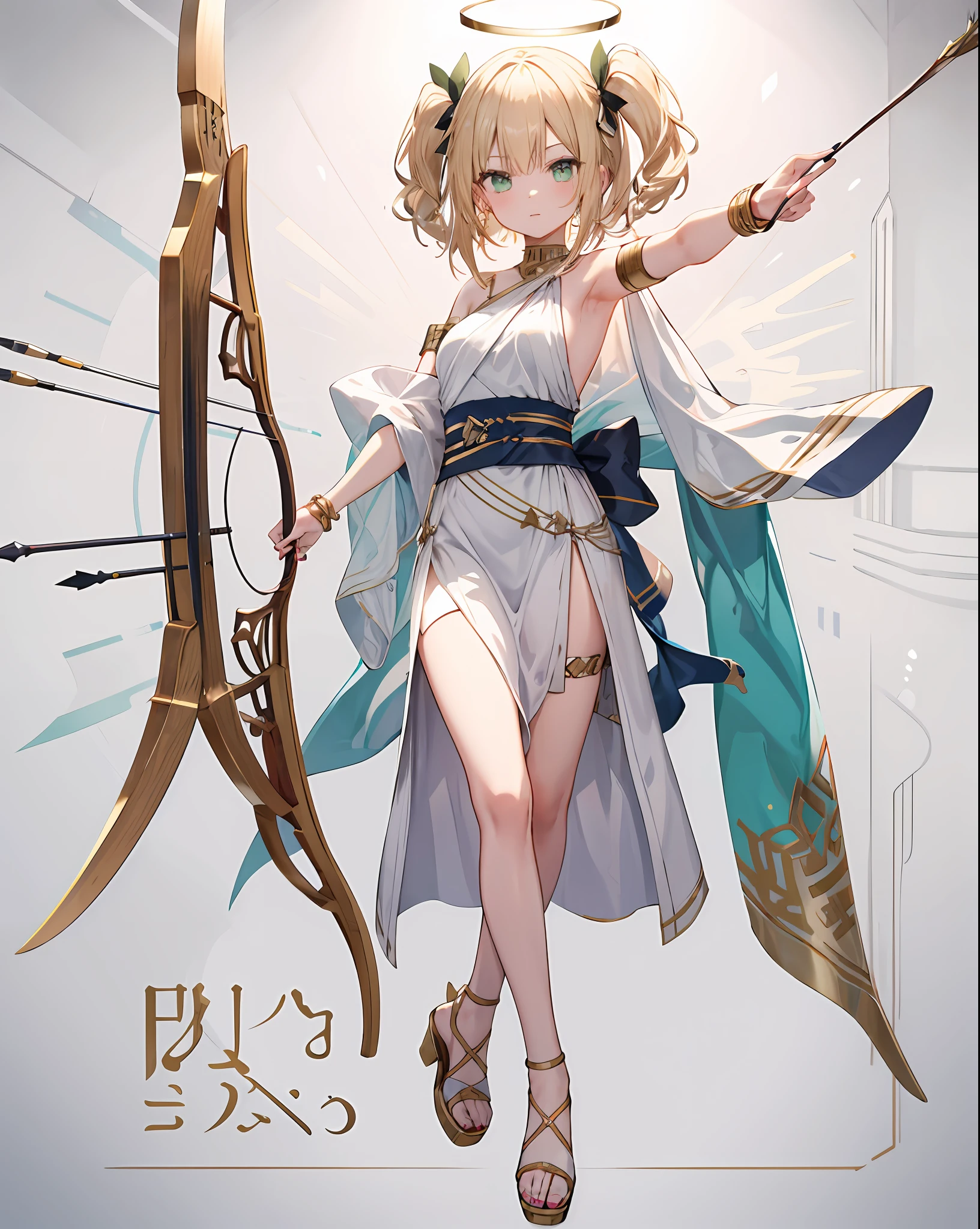 greek clothes, peplos, 1girl, solo, weapon, long hair, bow \(weapon\), holding, holding bow \(weapon\), halo, arrow \(projectile\), holding weapon, gladiator sandals, blonde hair, jewelry, sandals, star \(symbol\), breasts, bracelet, nail polish, green eyes, toeless footwear, high heels, bangs, full body, outstretched arm, armpits, medium breasts, quiver, two side up, armlet, drawing bow, holding arrow, toenail polish