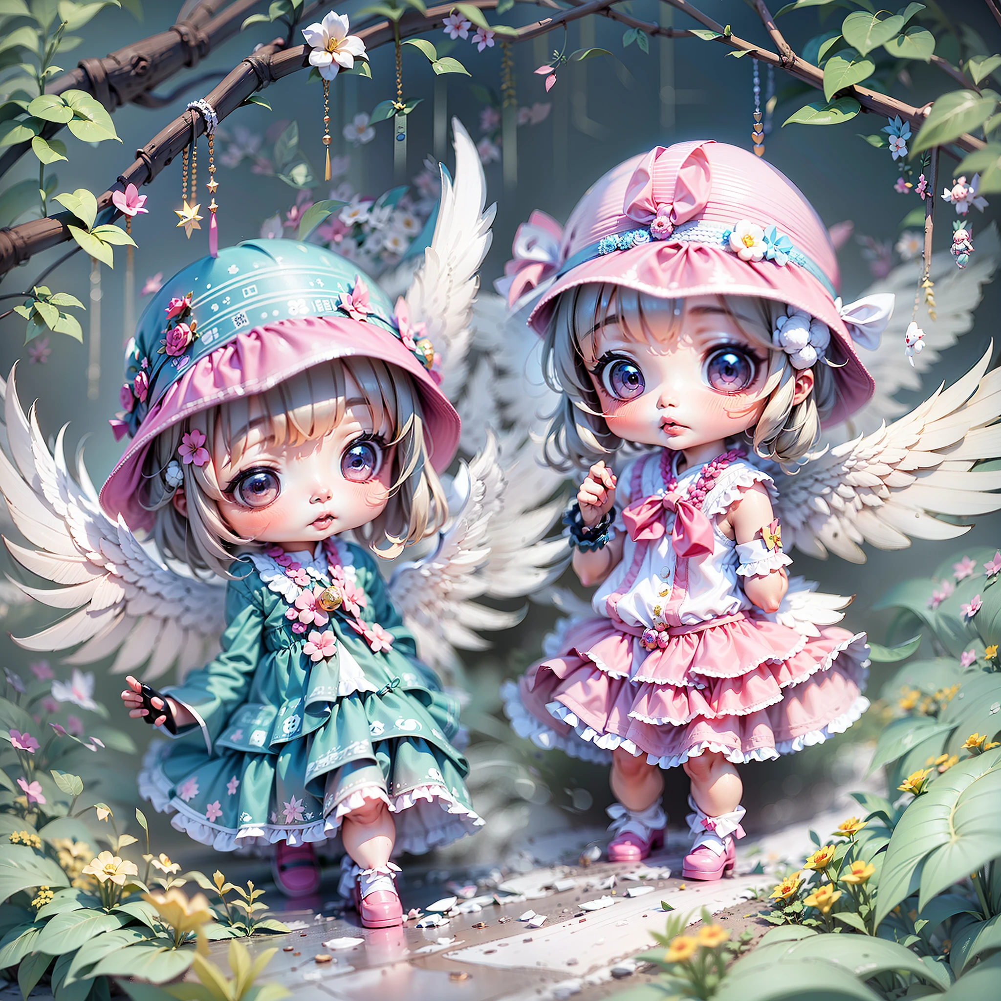 heavy rain poured，A girl in a colorful hat and dress，There are pairs of wings on the back，chibi girl，Loli in dresses，Lori，Kawaii chibi，Inspired by Lyckey，Chibi Art，inspired by Tawaraya Sōtatsu，Inspired by Yundu Snow，inspired by Wang Lü