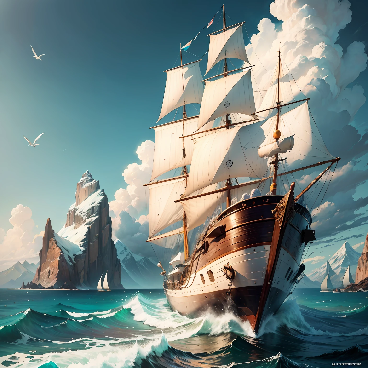 A breathtakingly photorealistic painting of a white sailboat sailing across crystal clear turquoise waters, with the sails billowing in the wind. Complex. Detailed. Intricate. by Greg Rutkowski and Thomas Kinkade. In the background, snow-capped mountains tower above rocky cliffs next to the ocean. Bright blue sky with soft clouds above. Dreamy lighting. Cinematic composition portraying adventure, freedom, tranquility --auto