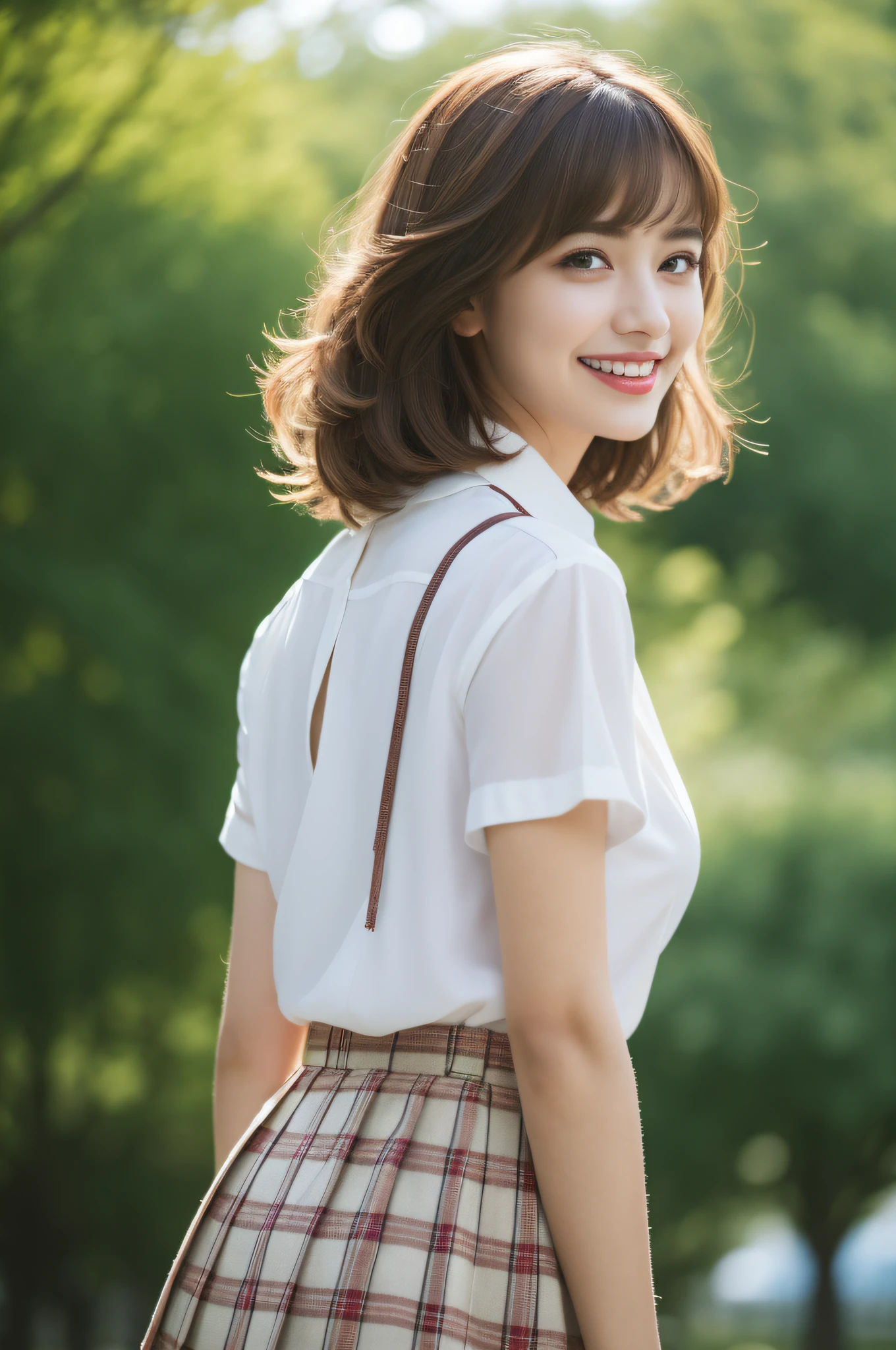 nsfw, 8K raw photo, Best quality, masterpiece, ultra high res, film grain, filmg, 1girl, looking at viewer, natural skin texture, realistic eye and face details, full lips, lipstick, (makeup), red eyeshadow, fluffy short hair, messy hair, smile, close mouth, beautiful legs, tall female, skinny, slim_legs, solo, enormous breast, cleavage, Pose with buttocks facing you, ultra short skirt, ass, shirt, beautiful nature location, around flower location, (detailed background), plaid skirt, white shirt, enormous breast, cleavage, Show a little cleavage through the shirt, loafers, blurry background, blurry, holding, plaid, short sleeves, jk ribbon on the neck, jk ribbon, brown hair, bracelet, water, bangs, school uniform, jewelry, parted lips, lips, from side, pleated skirt, depth of field