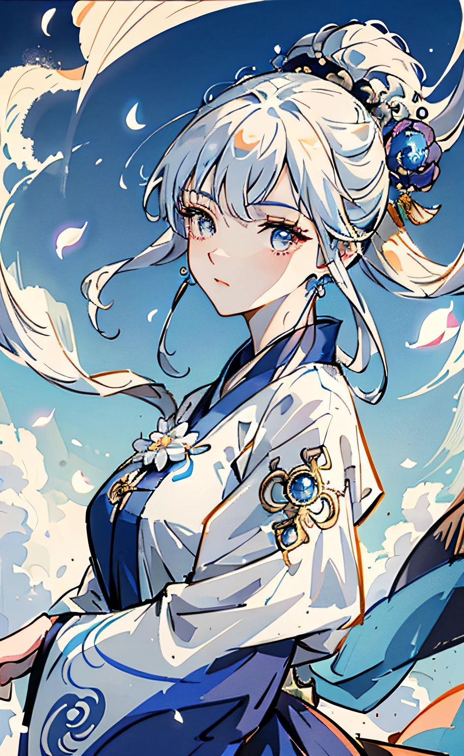 Mature girl , dark orange eyes, blue and white hair color, floating hair, delicate and smart eyes, intricate damask hanfu, gorgeous accessories, wearing pearl earrings, fov, f/1.8, masterpiece, ancient Chinese architecture, blue sky, flower petals flying, front portrait shot, Chang'e, side lighting, sunlight on people, 8K