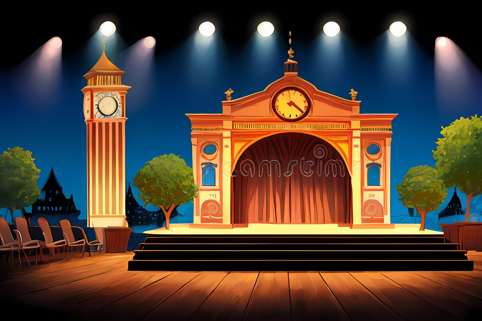 a stage with a curtain and a tower with a clock, Theatrical scenery, palco de teatro, Palco de teatro, fundo do palco, flat illustration, palco, fundo estilo conto de fadas, fairy-tale illustration style, cena mal-humorada dos desenhos animados, teatro, teatral, cenografia detalhada, filmagem de um palco de teatro, roman festival backdrop, em um palco, illustration!, cartoon illustration --auto
