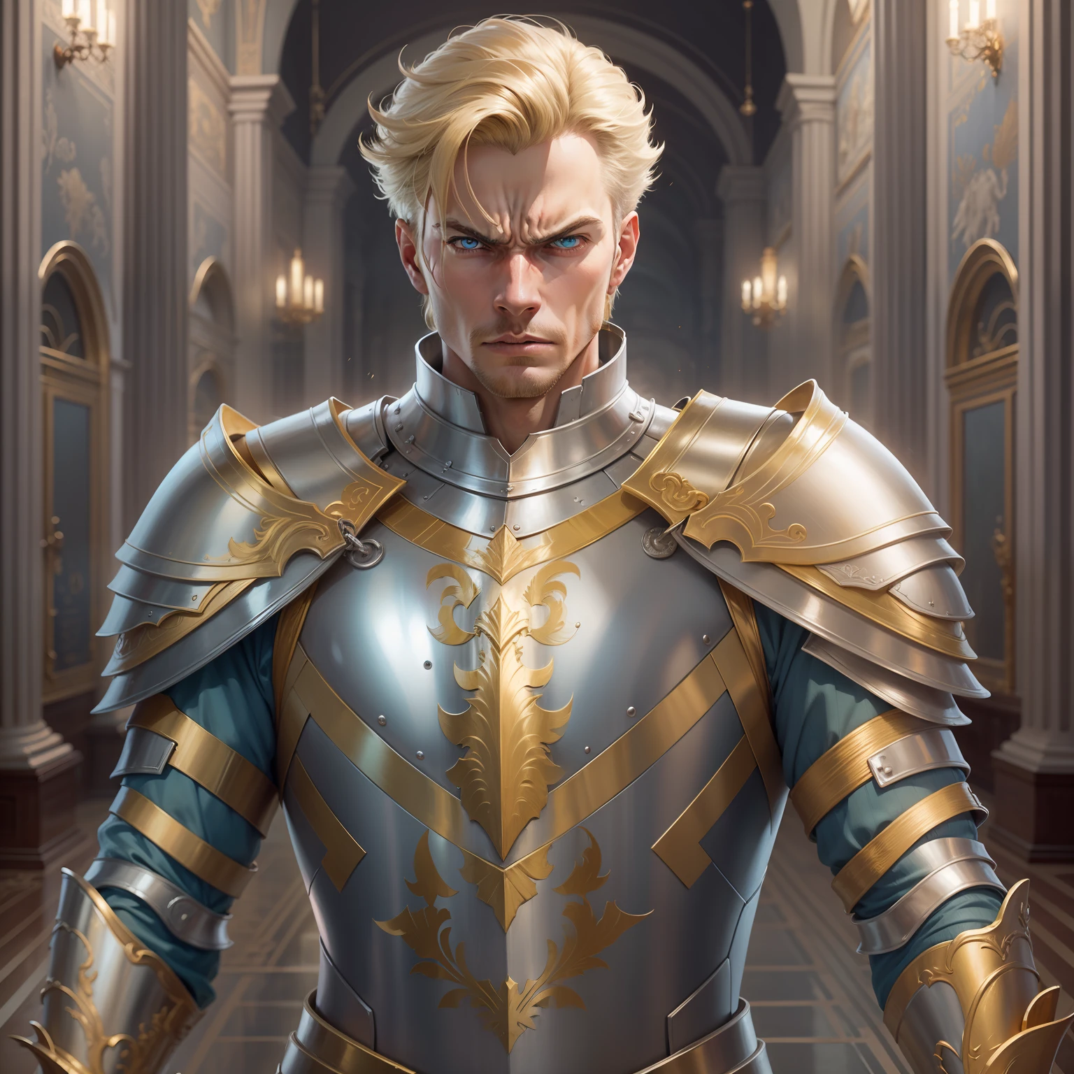 realistic image of a blond man with short hair, tall, strong, blue eyes, angry expression, dressed in a suit of silver armor and golden shoulder pads, standing in a wide hall of a palace