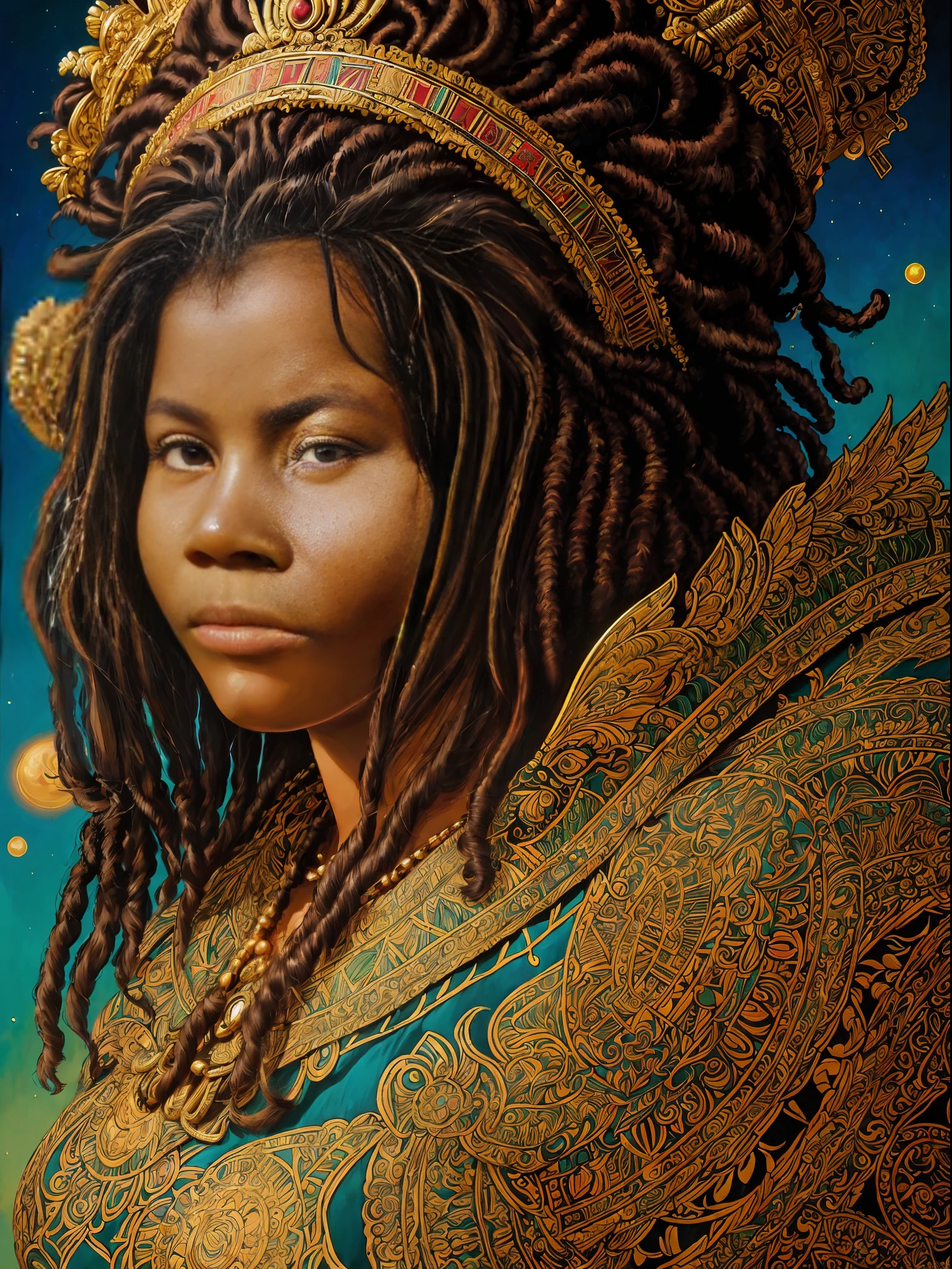 (Pintura:1.3) de (illustration detailed:1.3) A (corpo inteiro:1.3) shot in 8k resolution, fantastic comic book style, fotorrealista, olhar intenso, Photorealistic anatomical portrait of digital painting of a, (Altamente (dynamic:1.2) (palace:1.5) arte detalhada (rutkowski:1.2), (belo) (pele escura:1.3), (thicc) (rainha feminina, dreadlocks tecidos longos) extremamente alto detalhe, rainha dourada, (fantastic amazing decoration of Ankara Versace:1.2), Egyptian gold art, vencedor do concurso Artstation, afrofuturismo, epic, explosive volumetric, anatomia deliciosa, (fantastic perfect art, 64k ultra hd:1.1), pele muito detalhada, olhos muito detalhados, artista conceitual, global ilumination, profundidade de campo, (arte por apterus, arte por dan mumford:1.2), sem decote