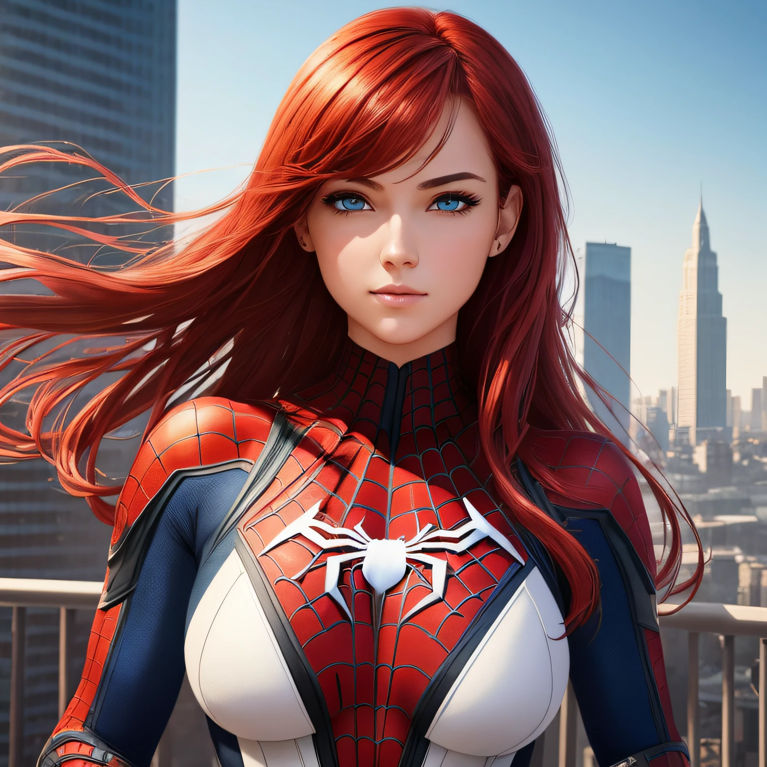 (1girl:1.3), Solo, (((Very detailed face)))), ((Very detailed eyes and face)))), Beautiful detail eyes, Body parts__, Official art, Unified 8k wallpaper, Super detailed, beautiful and beautiful, beautiful, masterpiece, best quality, original, masterpiece, super fine photo, best quality, super high resolution, realistic realism, sunlight, full body portrait, amazing beauty, dynamic pose, delicate face, vibrant eyes, She wears Spider-Man suit, red and black color scheme, spider, very detailed city roof background, rooftop, overlooking the city, detailed face, detailed complex busy background, messy, gorgeous, milky white, highly detailed skin, realistic skin details, visible pores, clear focus, volumetric fog, 8k uhd, DSLR, high quality, film, sexy girl, young girl, full breasts, red hair, no panties, perfect body, perfect hands,big ass, (( backwards )))) --auto