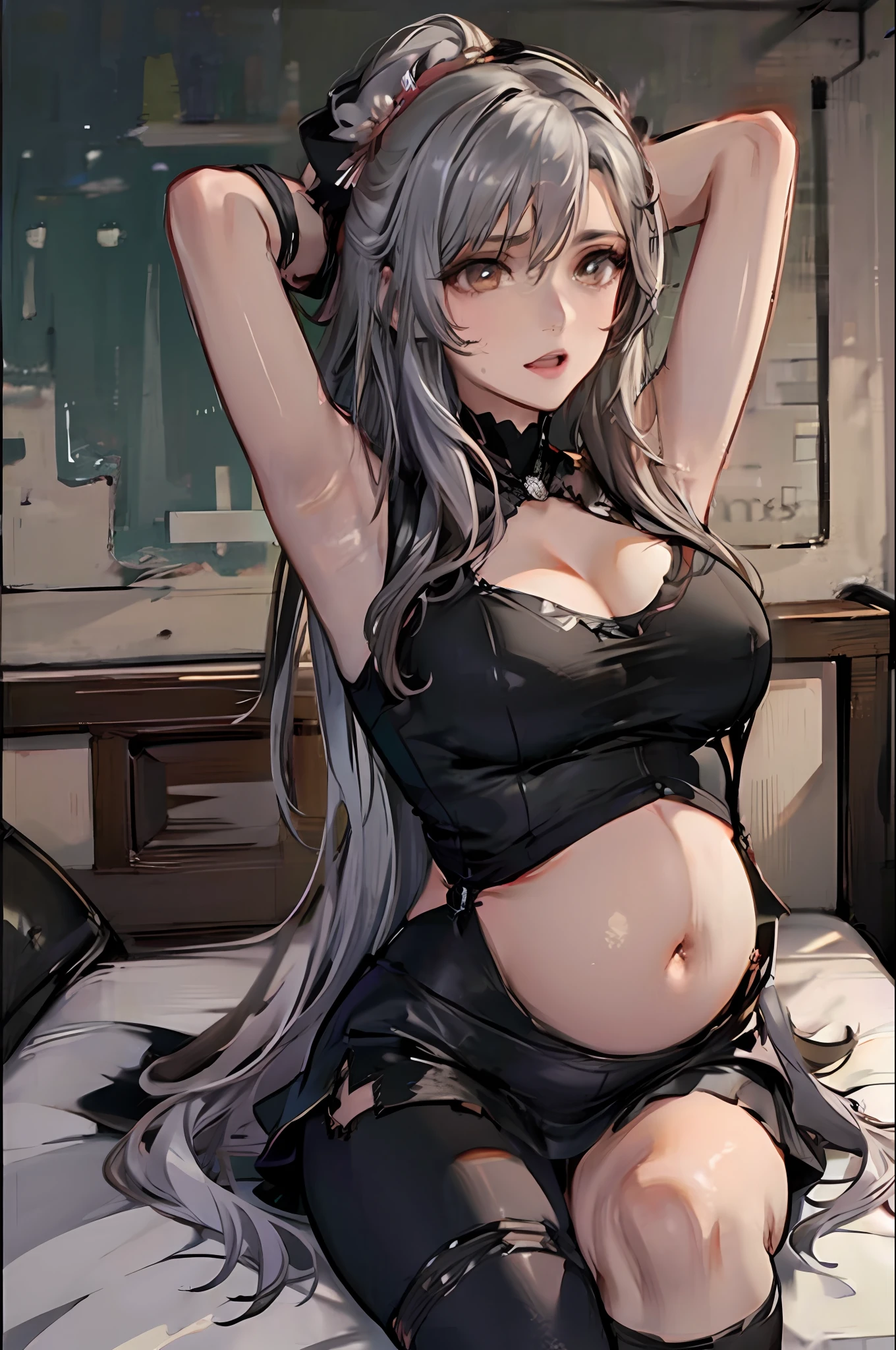 (((1个Giant Breast Girl)),Ray traching,(dim murky lights),[detailedbackground(Bedrooms)),((Silvery hair)),((Silvery hair)),(((((Fluffy silver hair,plump and slender girl))Wears a high ponytail)))Avoid golden eyes in the ominous bedroom((((Girl wears white shirt,Black wrinkled skirt,Wear yours with black sheer pantyhose),It shows a delicate and slender figure and beautiful curves,Correct limbs,sit on a bed,Put your hands behind your head,Put both hands behind your head,Pregnant belly,Pregnant belly,Pregnant women with