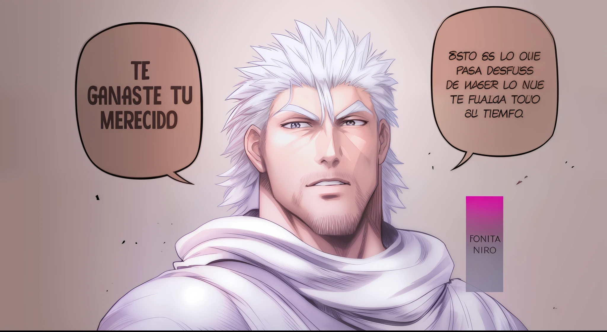 Un hombre con el cabello rubio, bufanda color blanco, Manga art style, fondo de color blanco