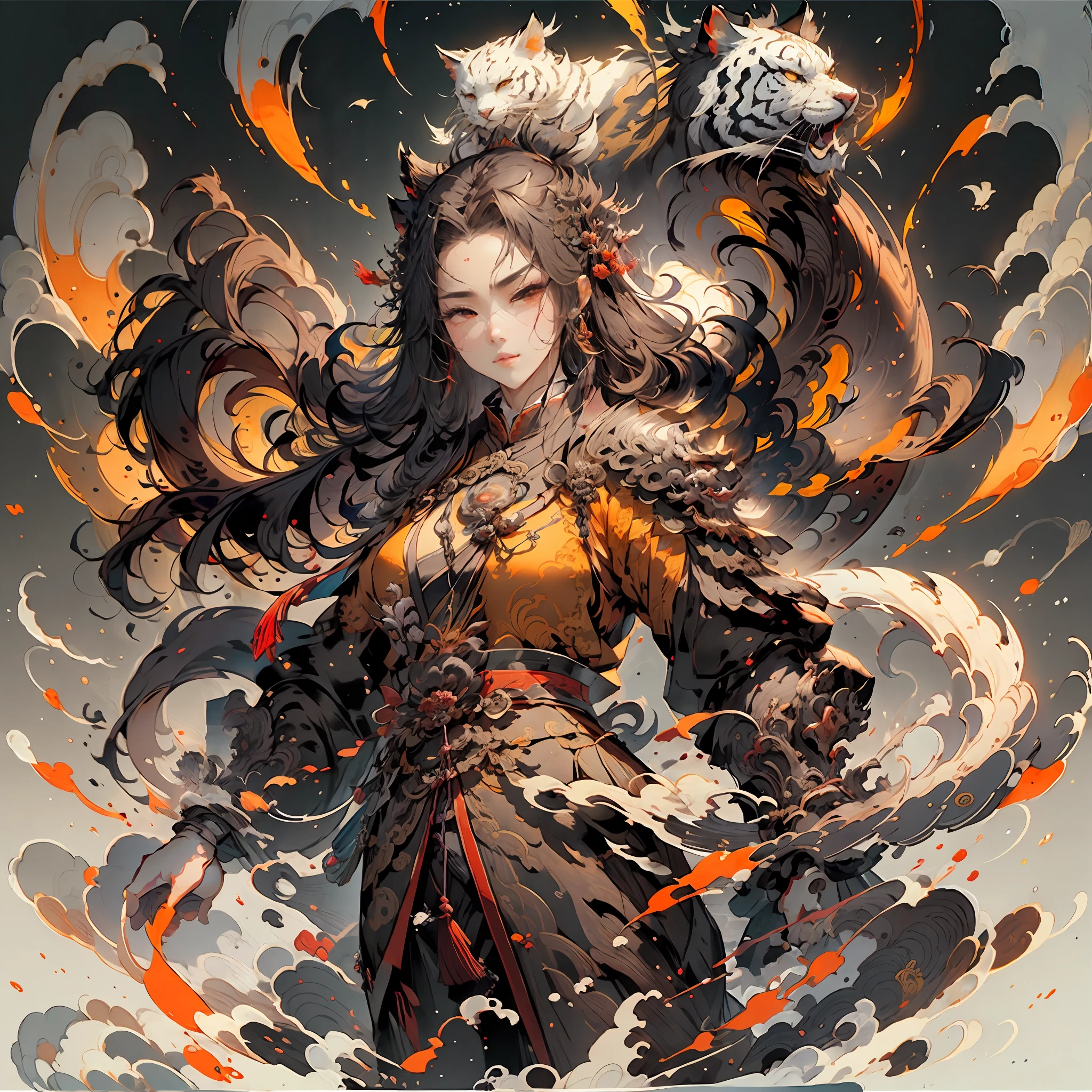 Full body of woman holding white tiger、guanyu、Chinese mythology、attractive male deity々、Ancient Chinese Art Styles、a massive celestial giant god、legendary god holding spear、Ancient Chinese Gorgeous、Inspired by Hu Zhao Bin、asura from chinese myth、Moopan、Immortals in ancient China、traditional chinese art、ancient sword、chinese warrior、without background