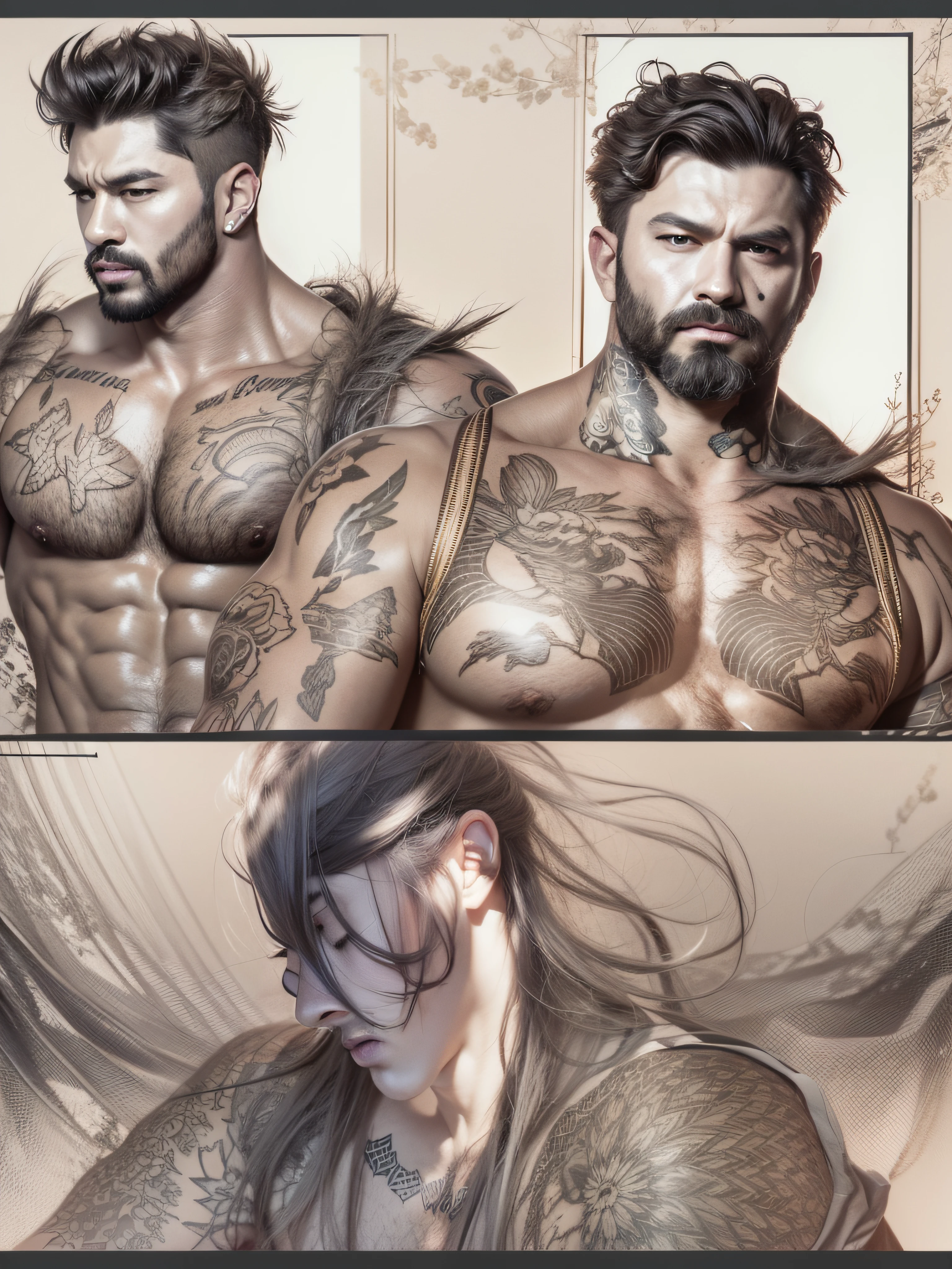 (tmasterpiece,best qualityer,Official fine art, Aesthetics:1.2),(hyper-detailing),((Clear plastic film panties:1.2))((short detailed hair,Short beard stubble:1.3))((short detailed hair,32 years old muscular man:1.3))finely detailled,Most Best Illustration,hand-drawn high quality,(hight contrast),(Clean lines:1.3),(Artistically),a line drawing,(Complex lines),Clear lines,s fractal art,Brush strokes,ukiyo-style,(full-body portraits,Tulle tong,Extreme closeup:1.1),(Muscle men,White transparent thong:1.4)(Autumn golden desert Gobi background:1.3),The perfect facial features of a supermodel,whole body show(short detailed hair,beard stubble),Thong boy,Surround composition,Perfect pectorals and abs,Mysterious night,Extremely provocative and sexy(Add details),(detailedbackground:1.2),(core,),A high resolution,extremy detailed((Ultra-artistic,Only a pair of white transparent thongs were worn,The internal structure is faintly visible:1.3))((whole body display,Extreme detail:1.2))(Yuguchi Yuko style,1.4),Higuchi Yuko style,(By Yoh:1.2),