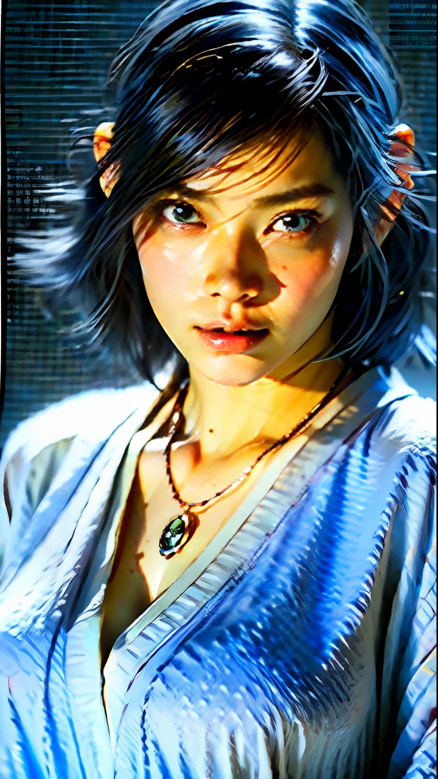 (Best quality, 8k, 32k, Masterpiece, UHD:1.2),Photo of Pretty Japanese woman, large breasts, very short bob hair,upper body,face focus,oversized_sweater, necklace, simple background, from above, looking at viewer,