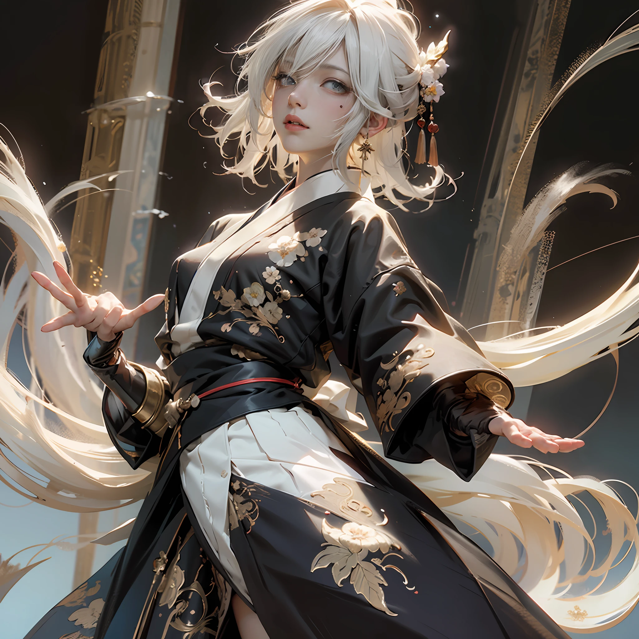 8K， super detailing，Don Dao， anatomy correct，（Fighting posture:1.5），attack pose， A long sword in his hand，Hanfu，Short skirt atmospheric light， super detailing， hyper HD， tmasterpiece，On the outside，Snowy mountain background，Winters，snowflower，On the snow，dynamic view，Full body like，scowling， rape face， White hair， messy  hair， kanzashi， Bloodshot eyes，lightand shade contrast，  large- titsjob，From the side Side，Eyes full of details，Optimal proportions of four fingers and one thumb，