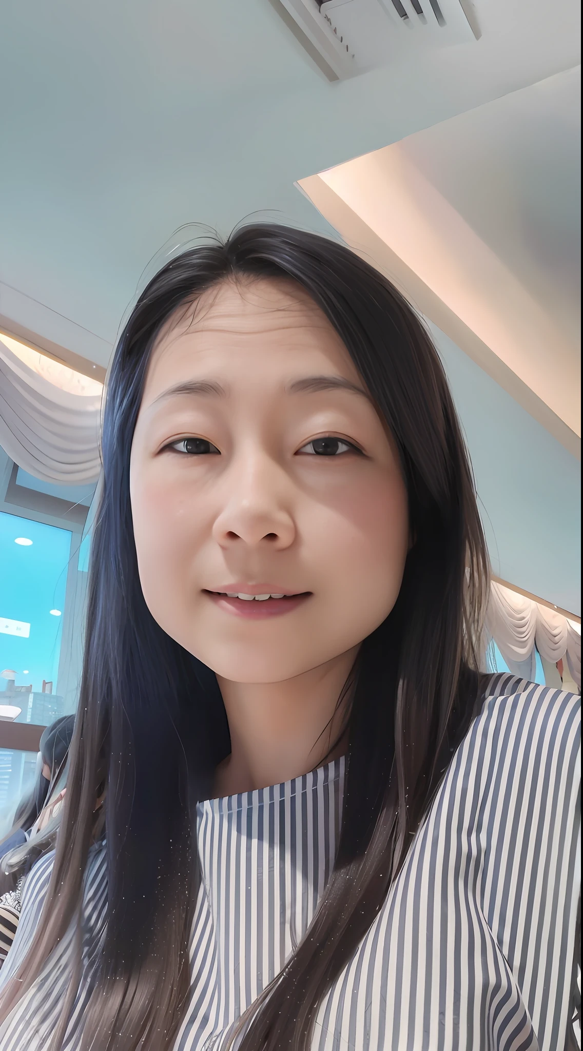 arafed woman with long hair and a striped shirt posing for a picture, 38 years old, delight, 3 6 years old, 8k selfie photograph, Zhang Wanting, jen zee, (38 years old), 35 years old, 3 5 years old, 3 2 - year - old, kakar cheung, katherine lam, 30 year-old woman