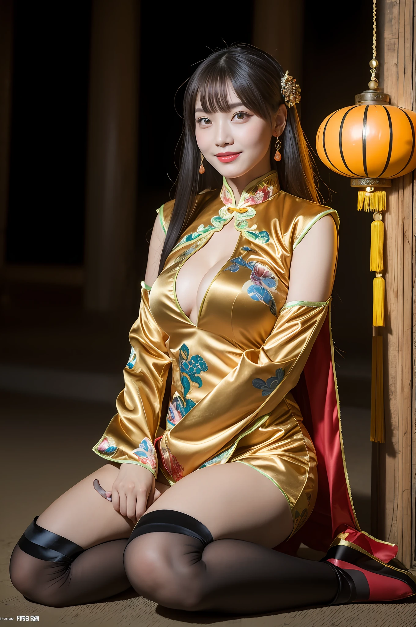 (((long Traditional Chinese costumes outfit comes off))),(((view full body))),(((glamorous body shape))),(((bare inner thigh)))、(((show side ))),(((detached sleeves))),(((over-kneehighs))),ulzzang-6500-v1.1, (Raw photo:1.2), (Photorealsitic:1.4), a beautiful detailed girl, extremely detailed eye and face, beautiful detailed eyes, ultra-detailed, High resolution, top-quality, masterpiece, ighly detailed, 8k wallpaper, magnifica, finely detail, top-quality, Light on the face,电影灯光,1girl in,(Forbidden City during the Ming Dynasty),Beautiful eyes,a smile,Opening Mouth