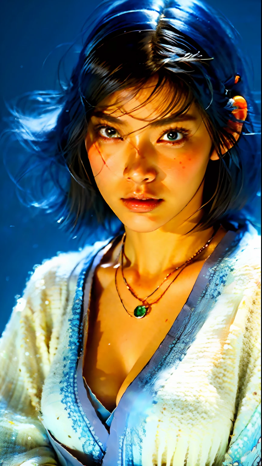 (Best quality, 8k, 32k, Masterpiece, UHD:1.2),Photo of Pretty Japanese woman, large breasts, very short bob hair,upper body,face focus,oversized_sweater, necklace, simple background, from above, looking at viewer,