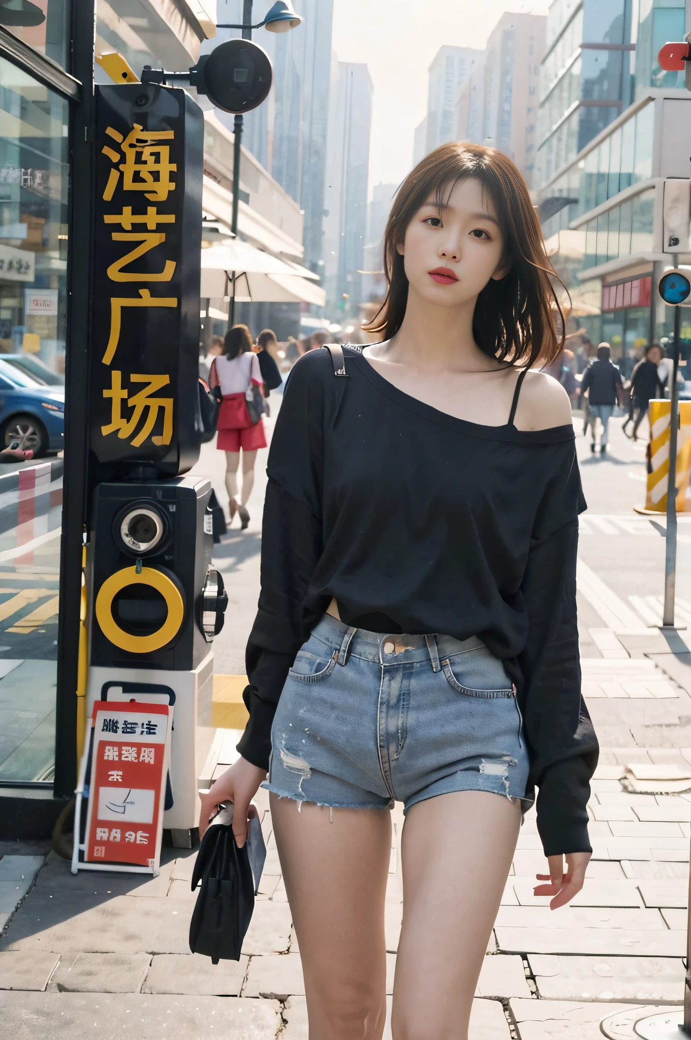 1 girl, Full body sexy photos,Jeans,Suspender T-shirt,Wearing sneakers, cropped shoulders,open waist,The facial features are delicate and three-dimensional, The expression is natural and real, cheerfulness,Detailed details,Real and natural,Walk next to the camera,Accidentally see your footage , wearing denim short shorts, photo of slim girl model, Straight dark brown hair ,floated hair,Large breasts, Walk in the square stylishly and naturally, The background is a spacious square in a fashion shopping mall,The ground is smooth,Advancedsense,High-rise building in background,Korean female model, Casual style, In fashion style, Trendy clothes, Solo, Detailed background, Square fashion clothing, Square fashion clothing, Sexy girl in shorts, Square fashion clothing,, very beautiful slim legs, Photorealistic, Street photography, Masterpiece, Realistic, Realistic, Photorealistic, High contrast, artstation 8k, High-definition realistic digital art trends, Detailed, Skin texture, Super detailed, Realistic skin texture, armature, Best quality, 超高分辨率, (Photorealistic :1.4), 超高分辨率, Detailed, primitive, Sharp Re, Port Kodak 400, Camera f1.6 shots, Rich colors, Ultra-realistic, Realistic textures, Dramatic lighting, illusory engine, Popular on the ArtStation Cinestill 800