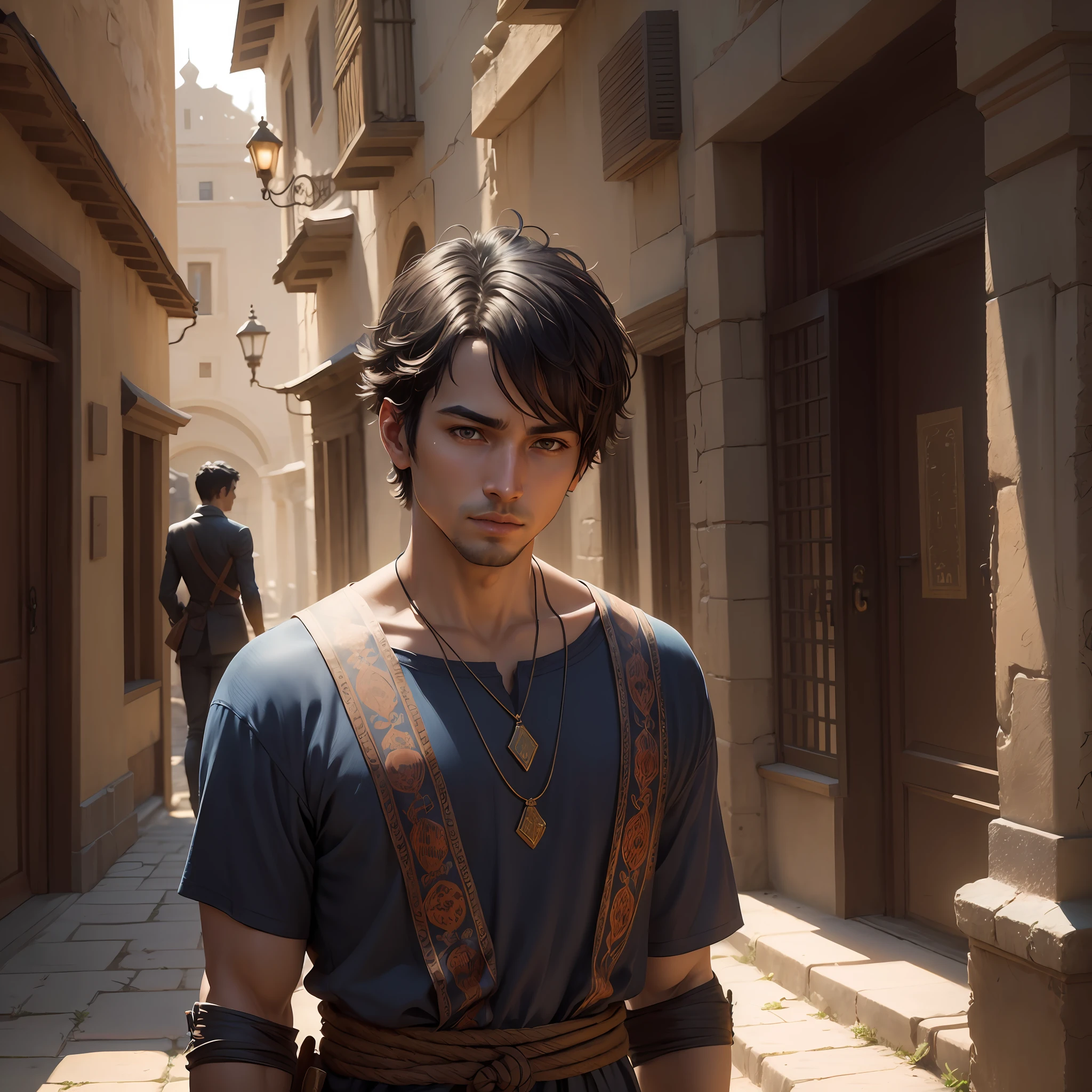 A memorable scene from an ancient city, where a young man in his 30s, with short black hair and brown eyes, is looking into the camera. The environment is immersive with realistic details and the lighting is perfect to add drama and depth to the scene. (hdr: 1.4), (soft colors:1.2), highly detailed, (artstation:1.4), cinematic, warm lights, dramatic light, (intricate details:1.1), complex background, (rutkowski:0.66), (blue and orange :0,4) --auto