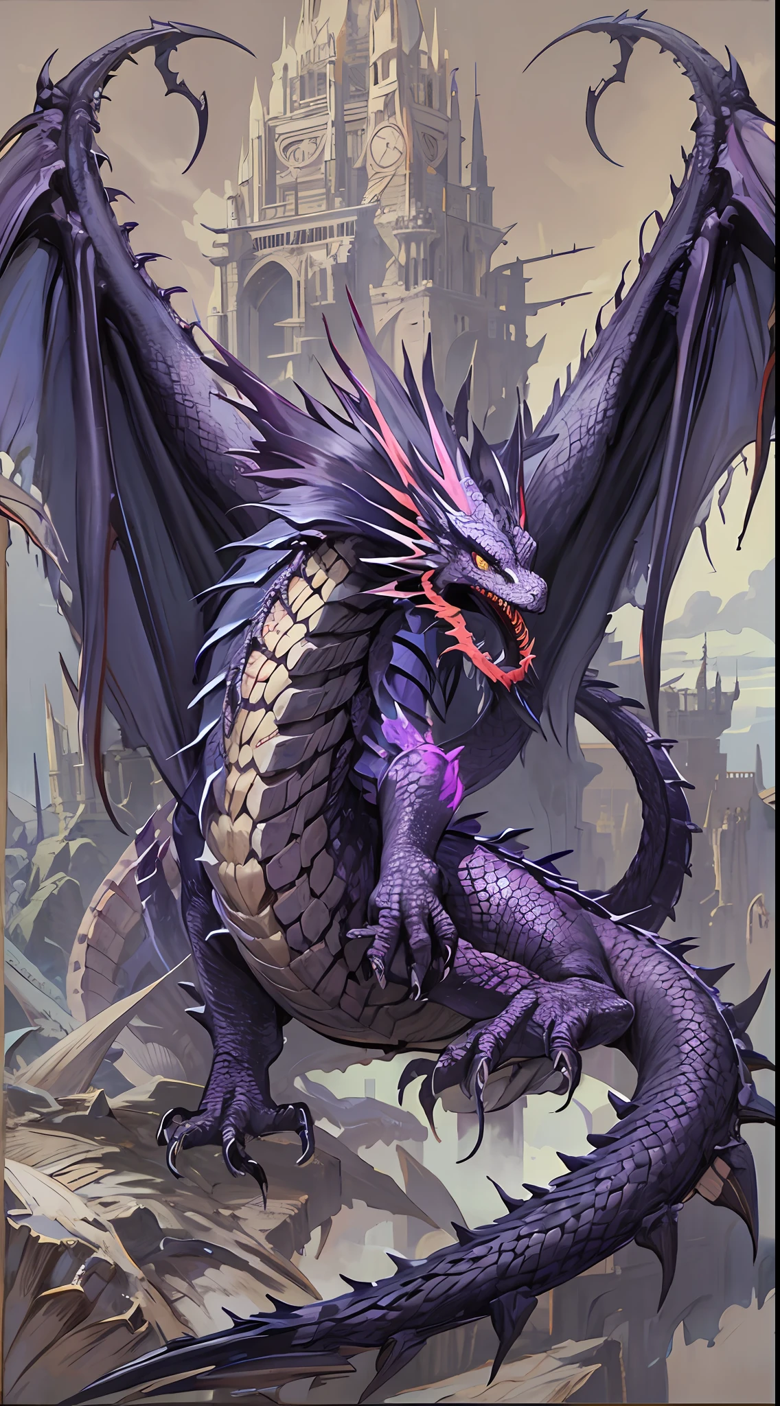 Western dragons,purple crystals,Dragon wings,Curved purple dragon horn,Black body,Mighty and hideous,Thunder fire,background in war,Skysky,Finger details are normal,((Whole body diagram)),((ultra - detailed)),(((Works of masters))),(((Highest image quality))),(((8K分辨率))),(exquisitedetails),((Extreme color)),((two side up)),(Detailed engraving of the picture part),(Cinematic quality),dingdall effect,tmasterpiece
