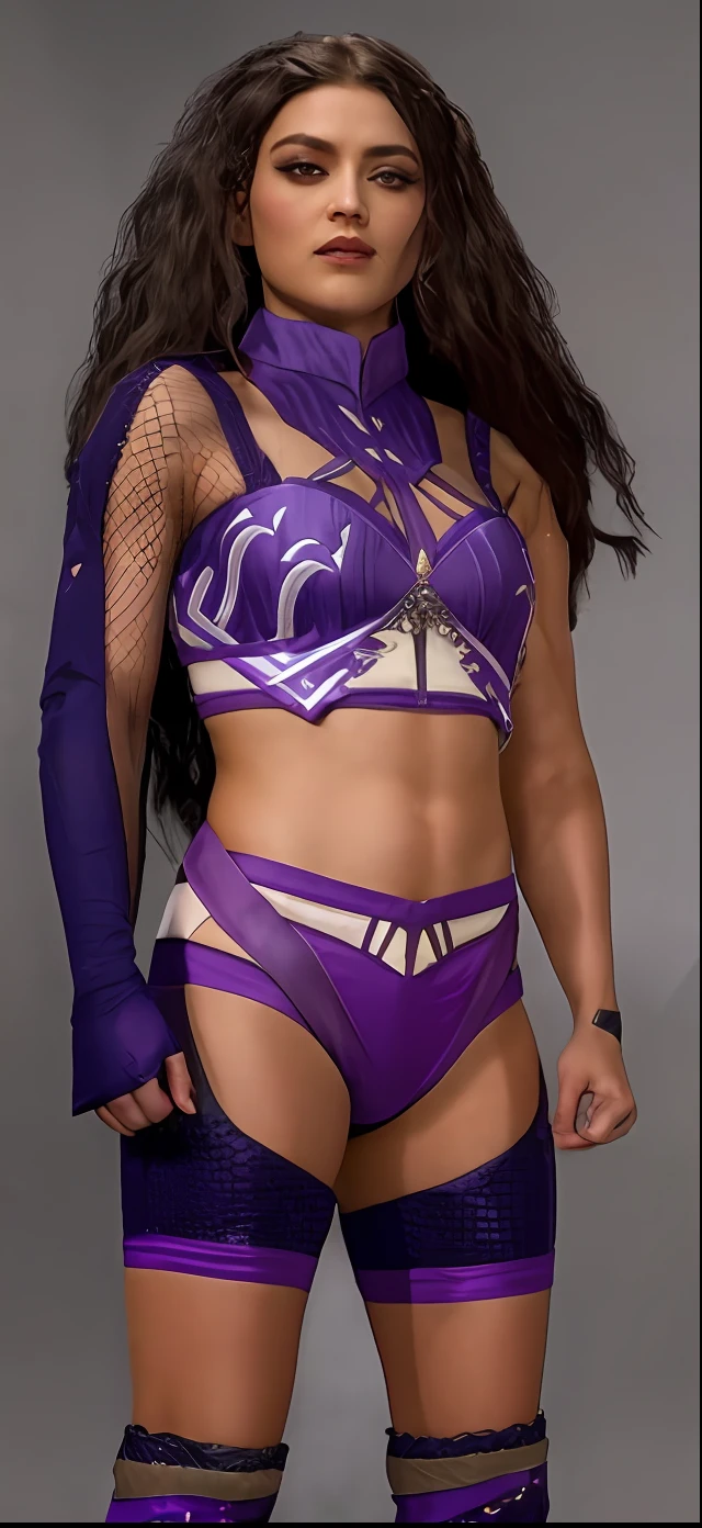 Une femme en linguring violet et bas posant pour une photo, Costume ???? et violet, Kitana de Mortal Kombat, Tenue de guerrier, Elegant purple outfit, Costume de Tai, avec des runes brillantes sur le corps, katana zero video game character, Corps violet, tenue violette, Wear a dark purple outfit, Kate Bishop, Inspired by Kris de Deltarrune, Violet Myers