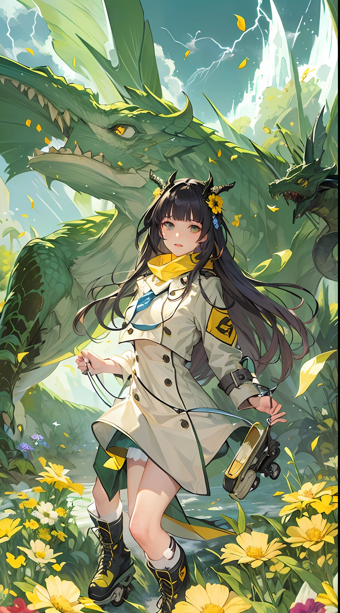 Flowers meadow, (((storm)), blunt bangs, neckerchief, trench coat, roller skates, dragons in background,  stream, rim light, There are many scattered luminous petals,Hidden in the yellow flower，solo，solo，solo，look at the viewer，（mechanic），（computer），desert town，gear，