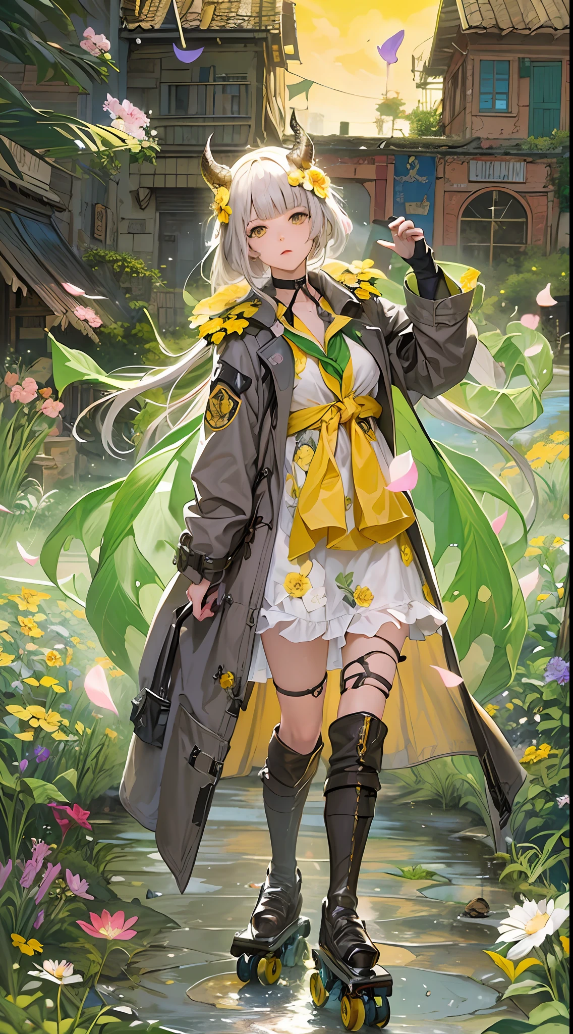 Flowers meadow, (((storm)), blunt bangs, neckerchief, trench coat, roller skates, dragons in background, stream, rim light, There are many scattered luminous petals,Hidden in the yellow flower,solo,solo,solo,look at the viewer,(mechanic),(computer),desert town,gear,