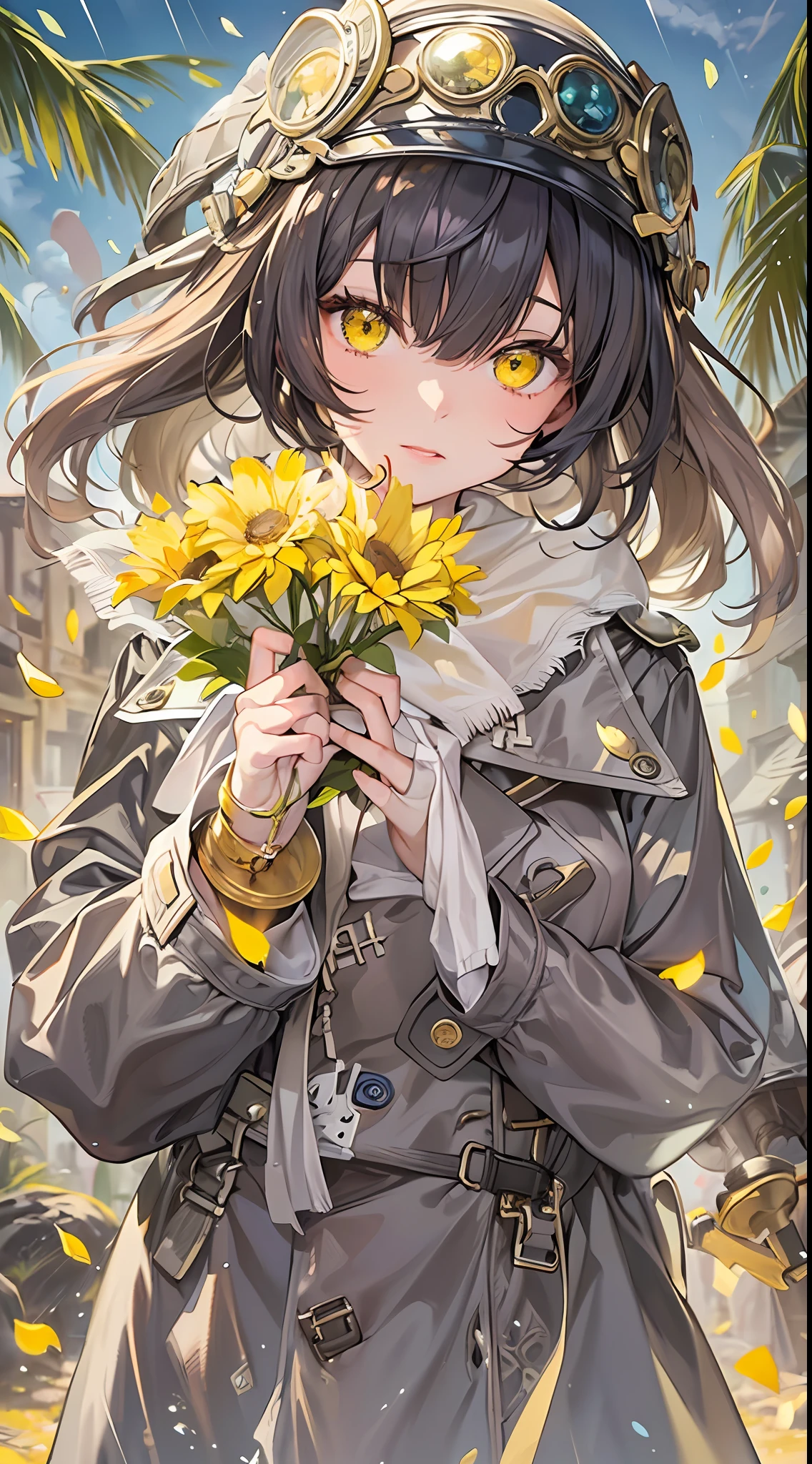 Flowers meadow, (((storm)), blunt bangs, neckerchief, trench coat, roller skates, dragons in background, stream, rim light, There are many scattered luminous petals,Hidden in the yellow flower,solo,solo,solo,look at the viewer,(mechanic),(computer),desert town,gear,