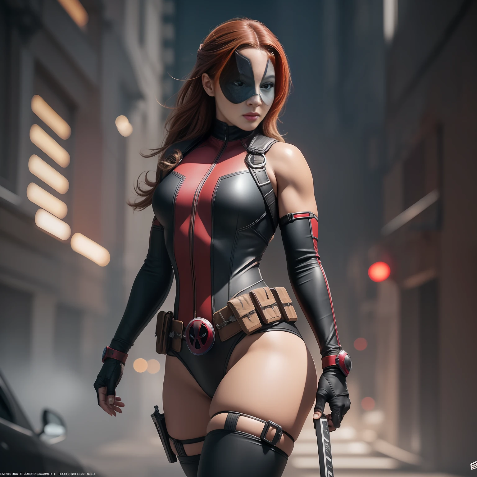Mulher vestida com o uniforme do Deadpool da Marvel, no mask on, bulky medium breasts, seios perfeitos, no imperfections in the breasts, umbigo perfeito, lean physique, terno preto e vermelho, terno de spandex apertado, rosto perfeito, Face without any imperfections, olhos perfeitos, eyes without any imperfections, 2 katanas hanging behind the back, chest straps, pistolas na cintura, crescimento completo, hiper-realista, pequenos detalhes insanos, Extremely sharp lines, alta resolução, CG Unity ultra detalhado, cinematic lighthing, Matizes, 8k, trending in artstation, trend in CGSociety, foco central, beco, Pintura digital, Sharp and intense focus, obras de Artgerm E. Rutkowski e Alphonse Mucha, CGSetnação