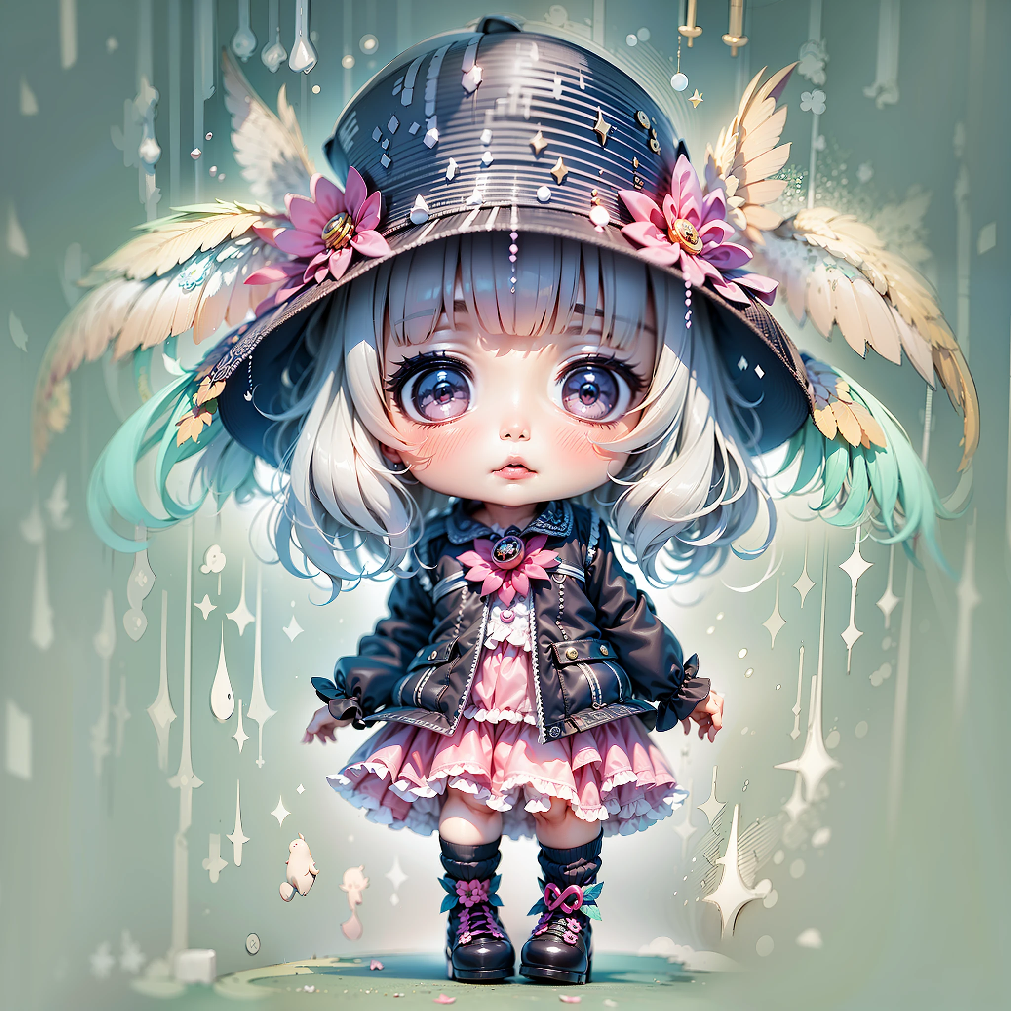 heavy rain poured，A girl in a colorful hat and dress，There are pairs of wings on the back，chibi girl， in dresses，Lori，Kawaii chibi，Inspired by Lyckey，Chibi Art，inspired by Tawaraya Sōtatsu，Inspired by Yundu Snow，inspired by Wang Lü