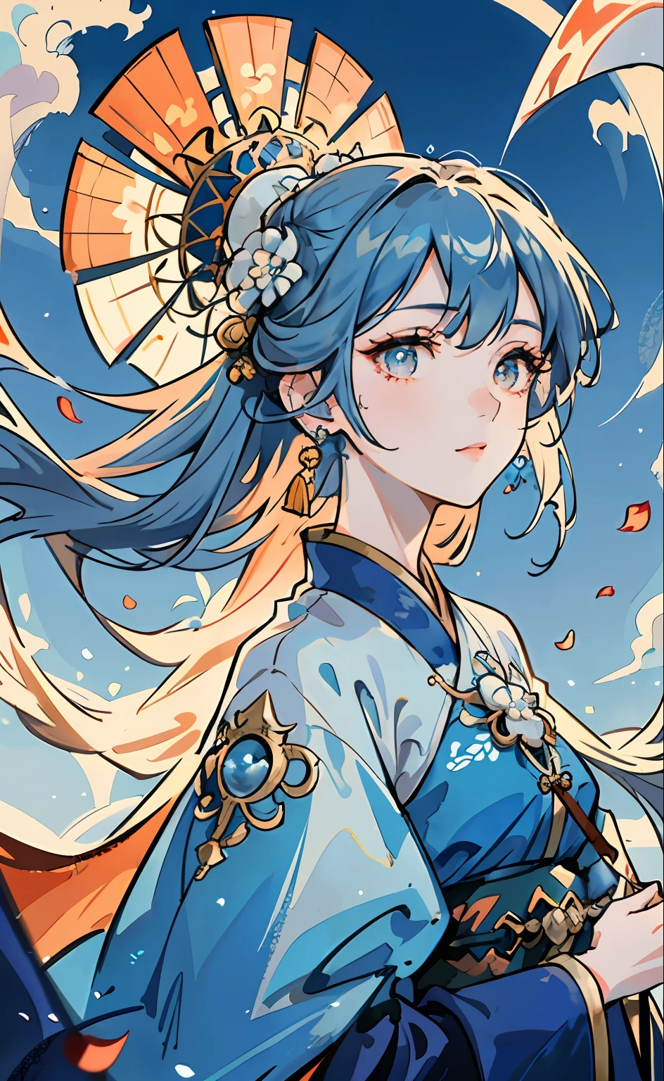 Mature girl , dark orange eyes, blue and white hair color, floating hair, delicate and smart eyes, intricate damask hanfu, gorgeous accessories, wearing pearl earrings, fov, f/1.8, masterpiece, ancient Chinese architecture, blue sky, flower petals flying, front portrait shot, Chang'e, side lighting, sunlight on people, 8K