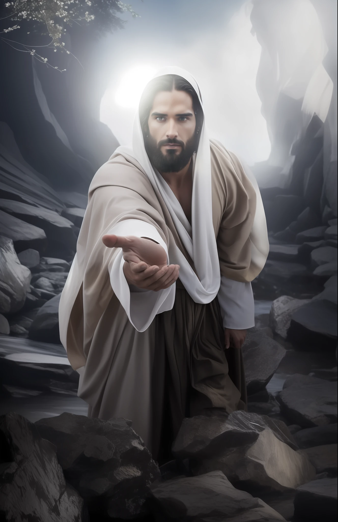 Seth Rollins como Jesus Cristo, wearing tunic, focar nos detalhes do rosto, cabelo escuro preto, semelhante ao seth rollins, wearing the long beige tunic of Jesus, Biblical style of Jesus, imagem realista, fundo da imagem preto escuro , melhor qualidade, 8k, focar nos detalhes.