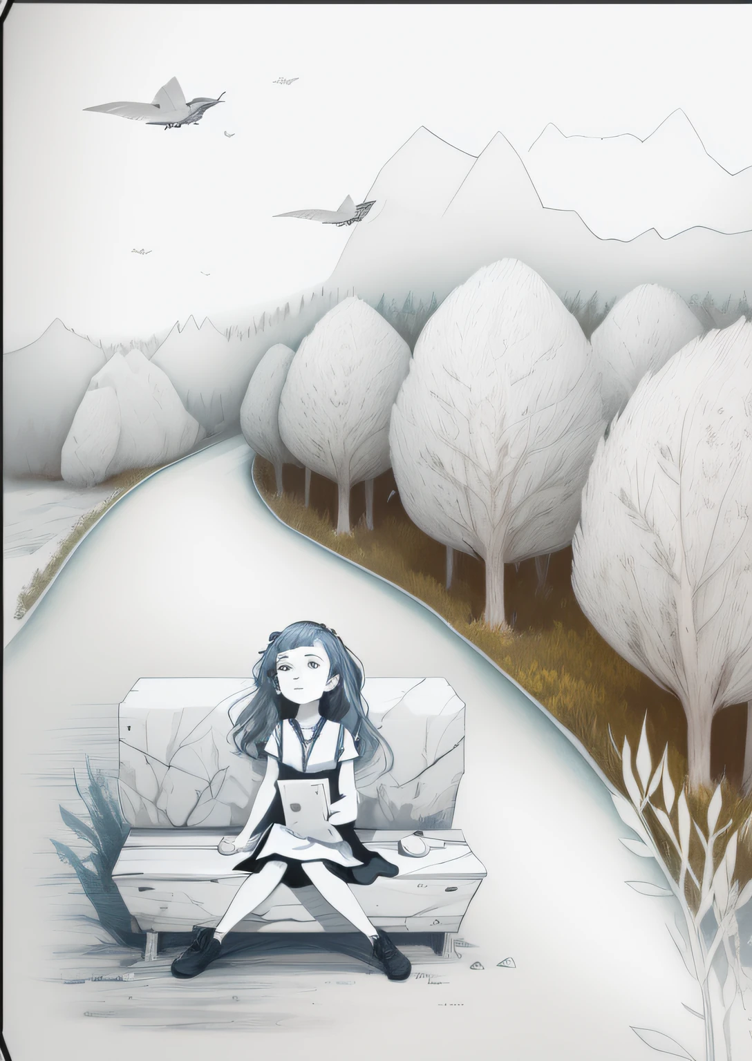 There is a painting in the woods，One girl is sitting on a bench, serene illustration, Official illustration, full page illustration, dreamlike illustration, Desolate. Digital illustration, portfolio illustration, Concept illustration, full page illustration, art concept for a book cover, sketch of a lucid dream, animated still, Detailed fanart, sitting in the forrest, A beautiful artwork illustration
