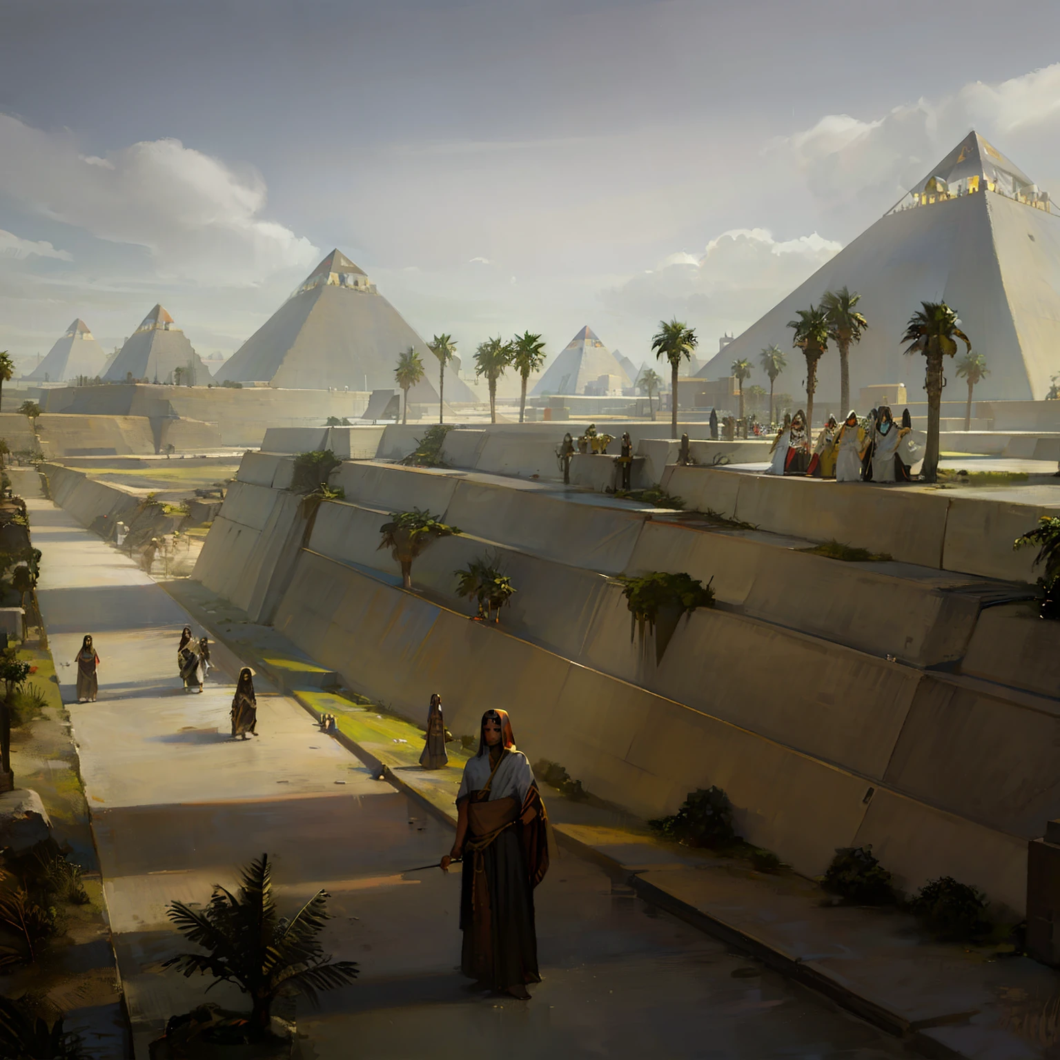 Arafed pyramids and a small house in the middle of a lake, Ancient megastructure pyramid and a Sphinx of Giza in front, pyramids of egypt, pyramids style, antigo, mas futurista, pyramid portal, pyramids of giza, ancient pyramid, pyramids in background, Pyramids, great pyramid of giza, antiga", egyptian environment, pyramids in the background, estruturas gigantes da tumba, egyptian setting,